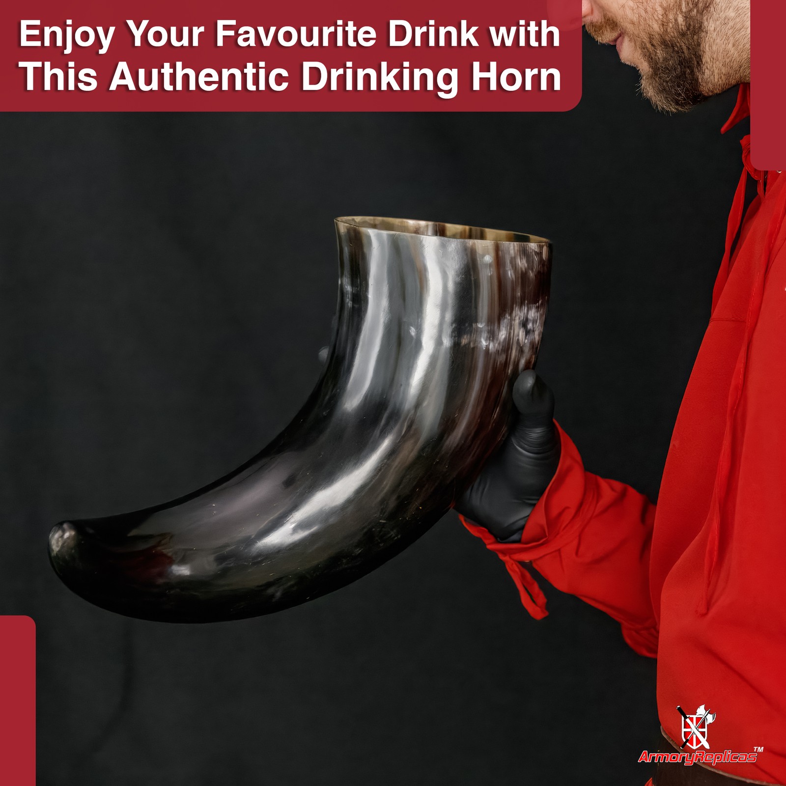 XL Viking Drinking Horn 23" w/ Brown Leather Belt Frog 1400ml Medieval Horn Cup