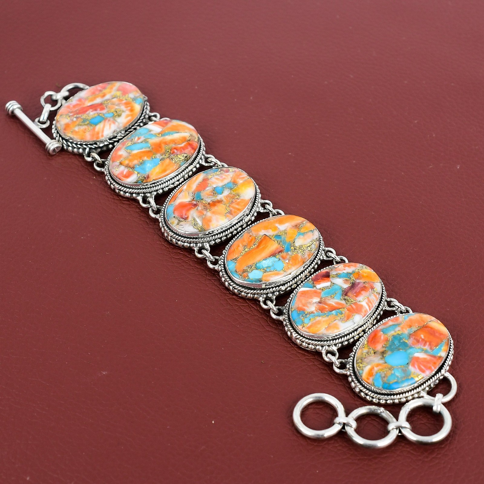 Spiny Oyster Copper Turquoise Vintage 925 Sterling Silver Adjustable Bracelet