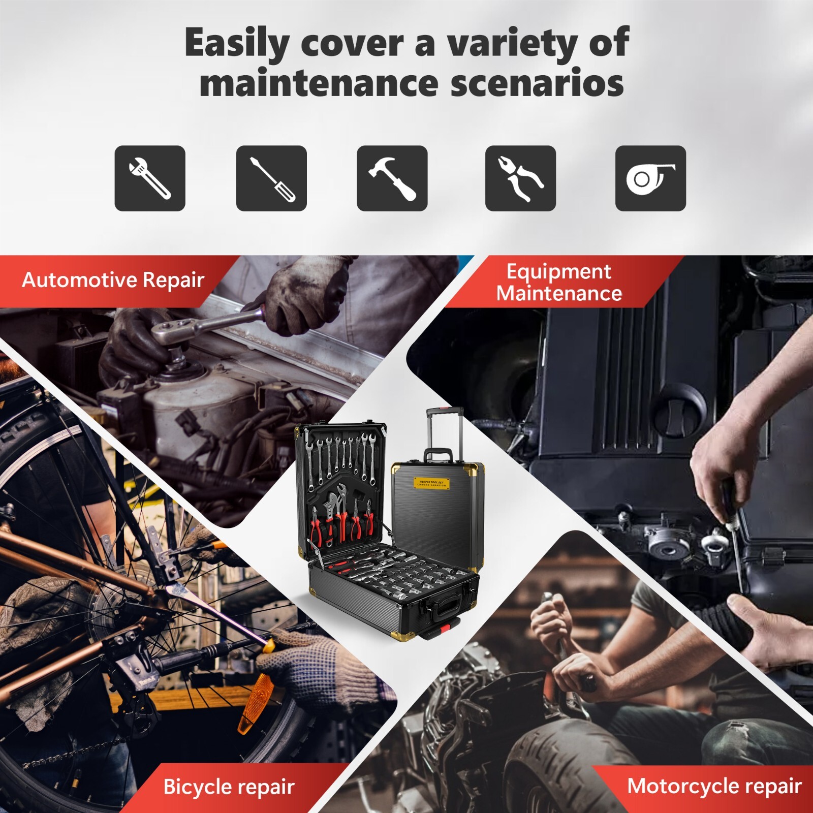 Tool Set Mechanics Tool Kit 910 PCS Wrenches Socket with Trolley Case Box Silver