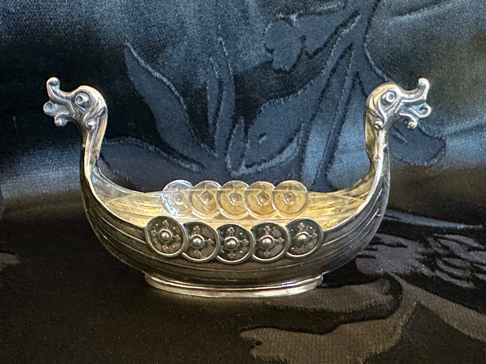 Vintage 925S Sterling Silver Viking Ship Salt Cellar Clear Glass Liner Insert