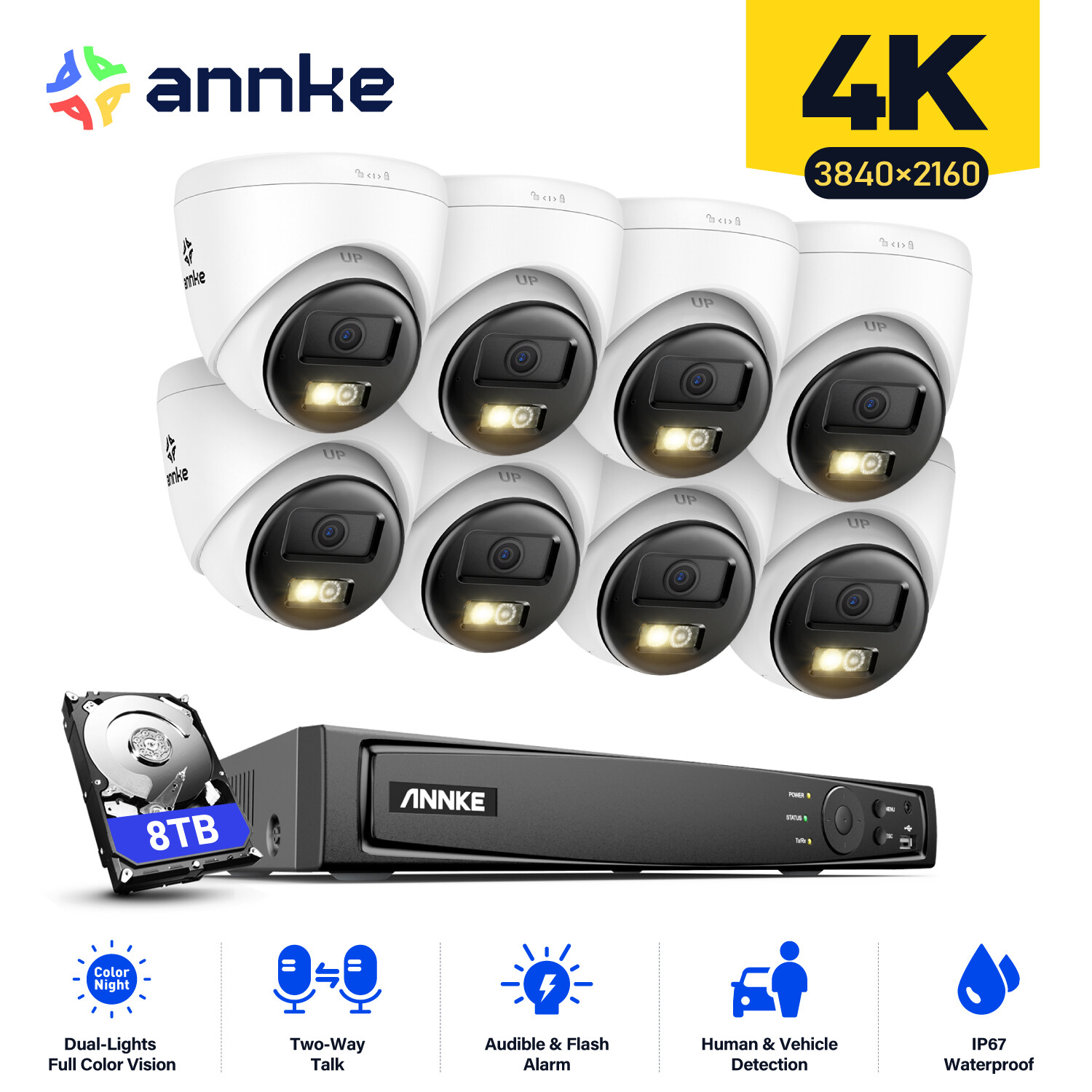 ANNKE 4K Color Night POE IP Security Camera System 12MP 8CH NVR Two Way Audio AI