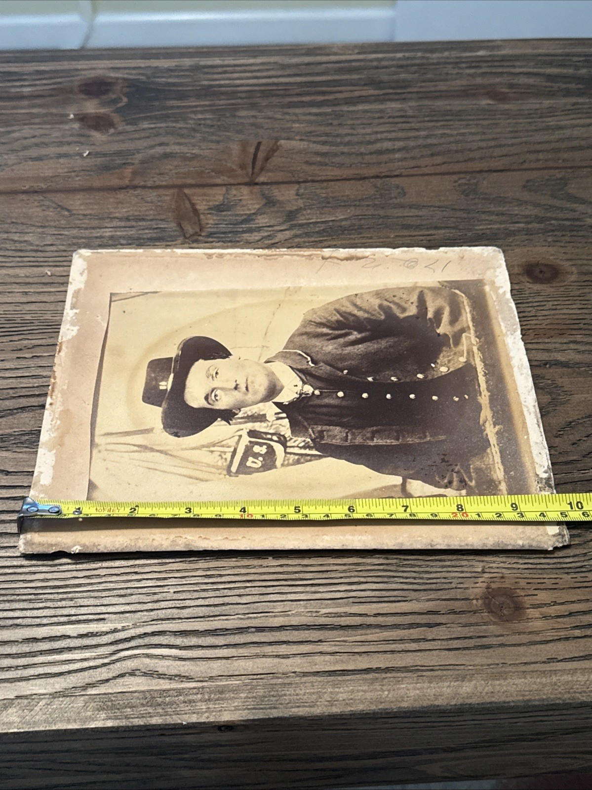 Civil War Union Soldier Albumen Image Slouth Hat Cartridge Box Tent Background