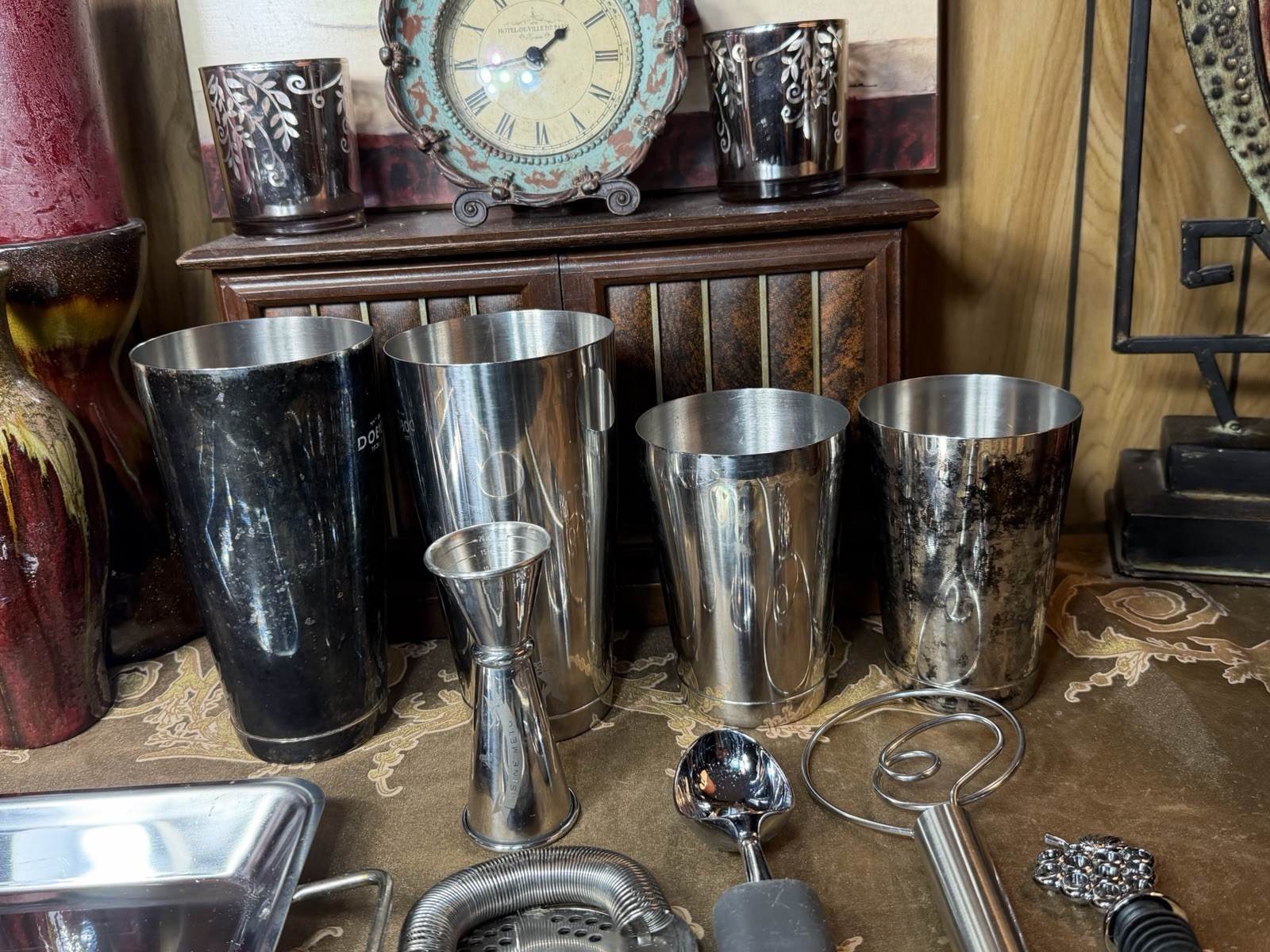 Stainless Steel Cocktail Shaker Set Bar Tools Lot Jigger Strainer Spoon