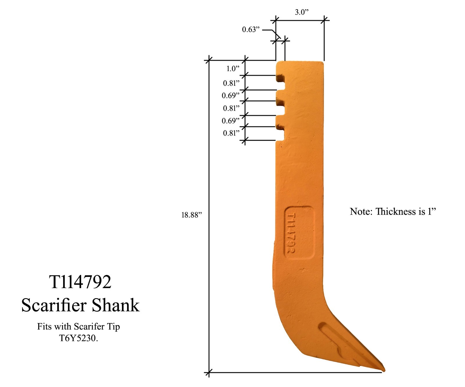 3 Scarifier Shanks & Tips, Fits Many John Deere Motor Graders- T114792, T6Y5230