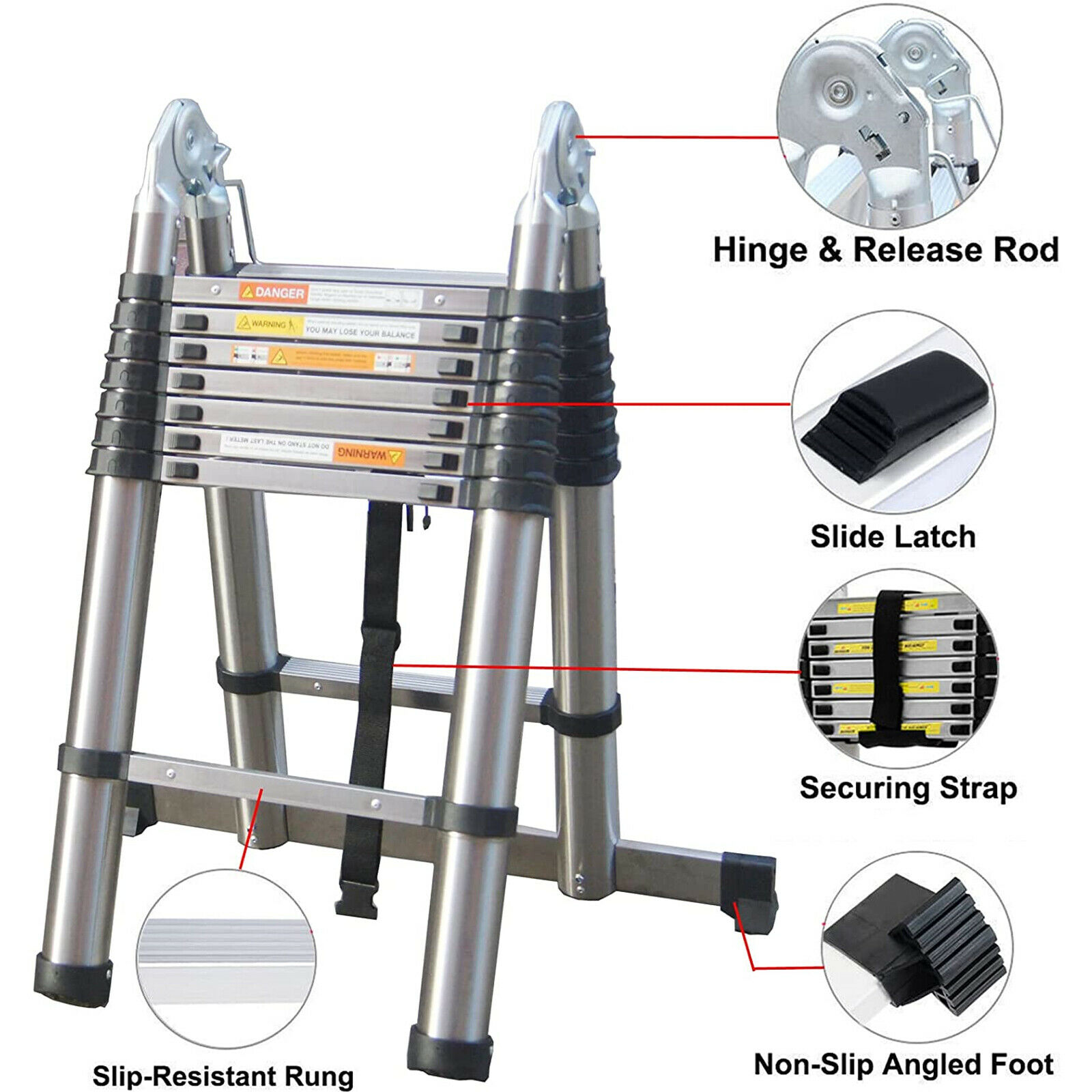 8-16FT Steel Telescoping Ladder Extension Ladders Retraction Collapsible Folding