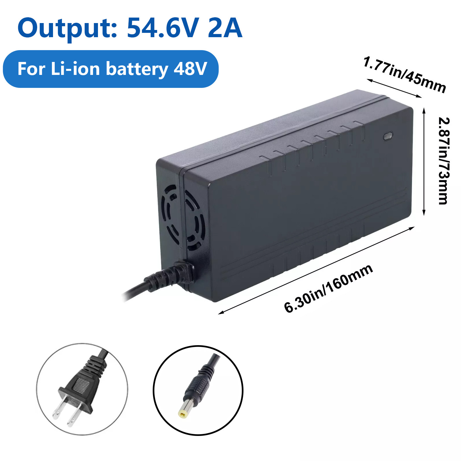 54.6V 2A Power Battery Charger DC 5.5*2.1mm Power Adapter 48V Lithium Battery US