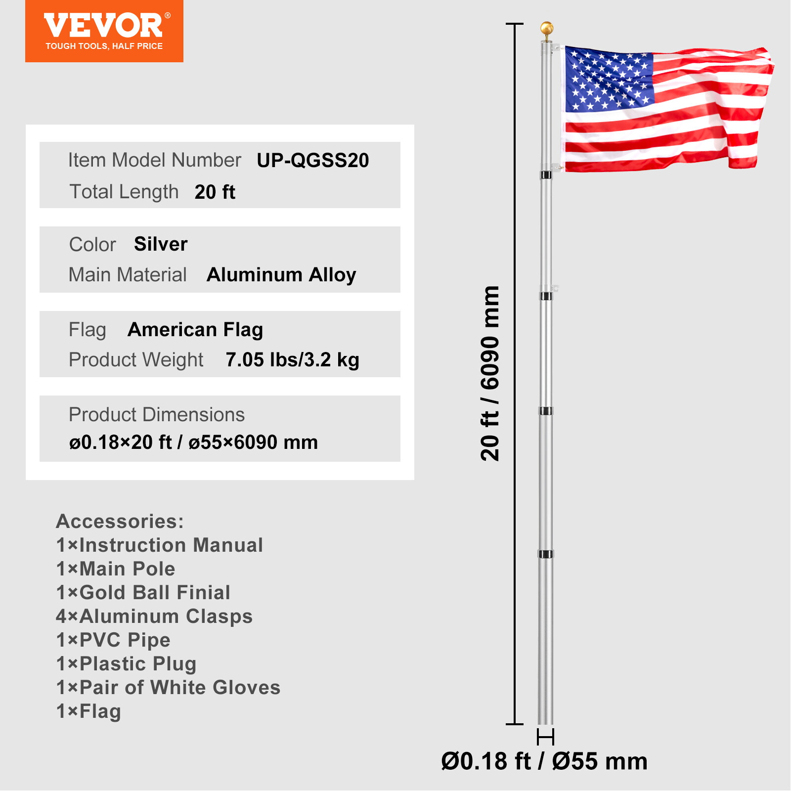 VEVOR 20FT Telescopic Flagpole Kit Heavy Duty Aluminum Flag Pole American Silver