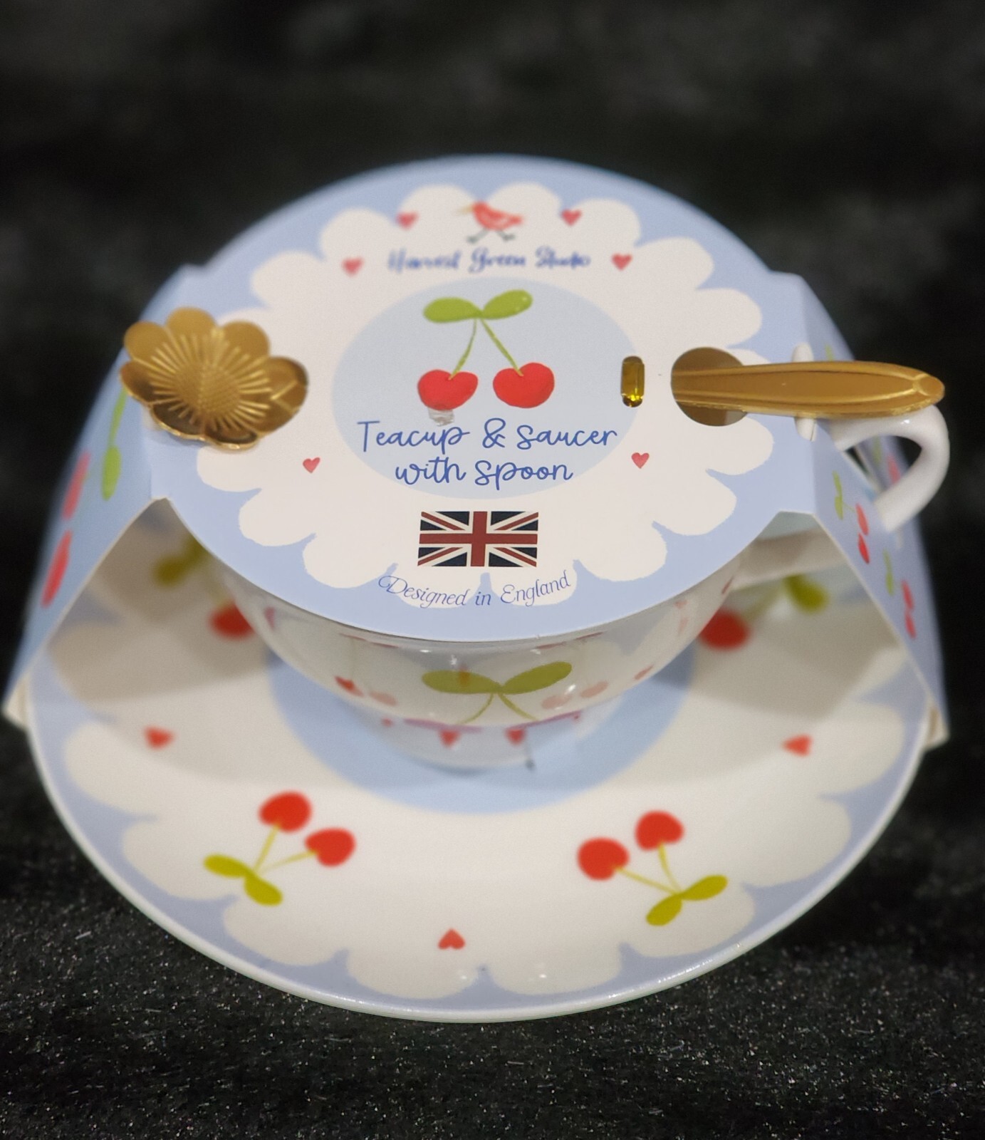 Cherry Bows Teacup & Saucer w Flower Spoon Hearts Blue Red White Lacey Cherries