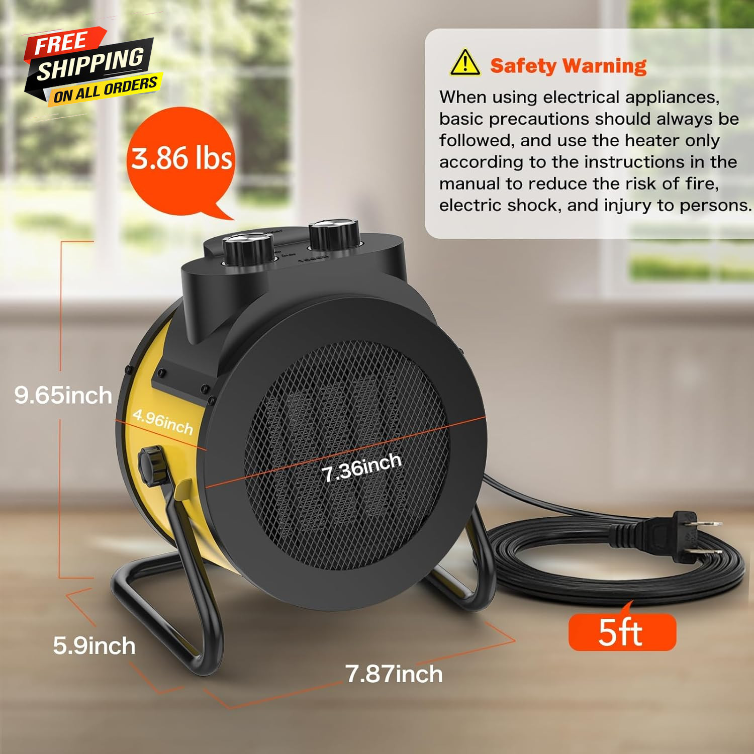 Space Heaters for Indoor Use, 1500W PTC Electric Heater (Yellow) ✅