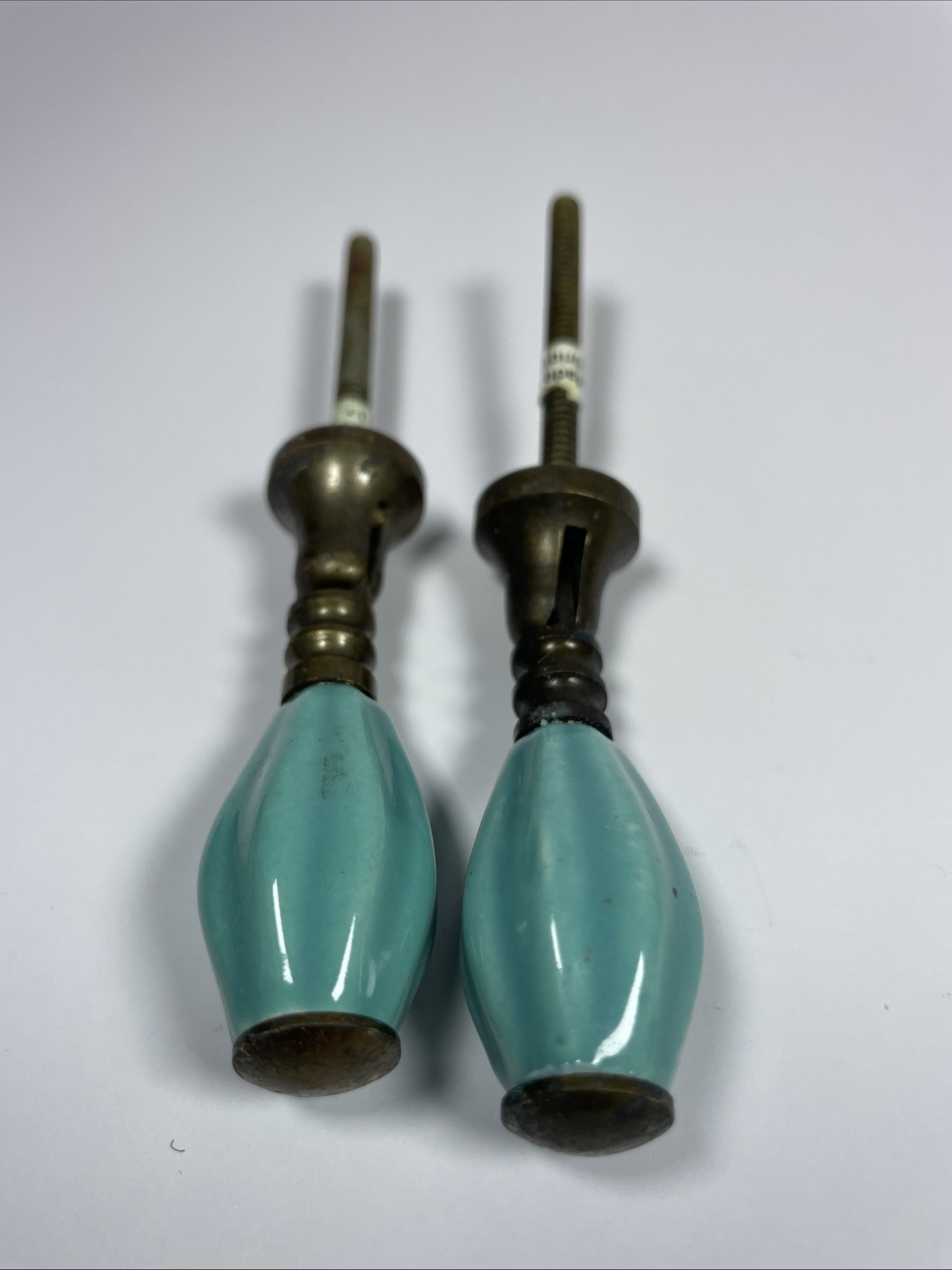 Vintage Pair Teal Turquoise Ribbed Ceramic Brass Drop Pulls Made In India