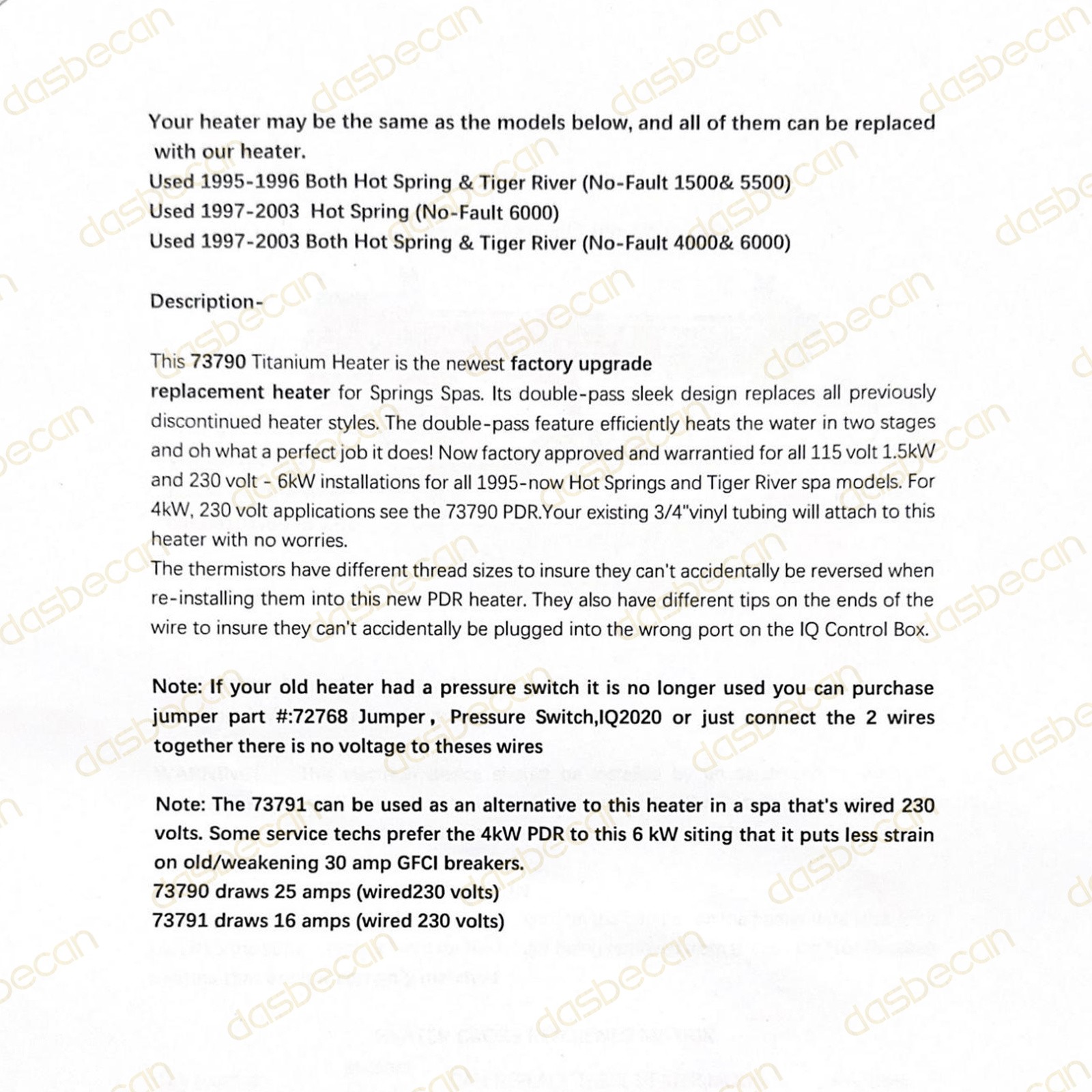 No-Fault Spa Heater For Hot Spring Watkins Tiger River Limelight 6kW 120V-240V