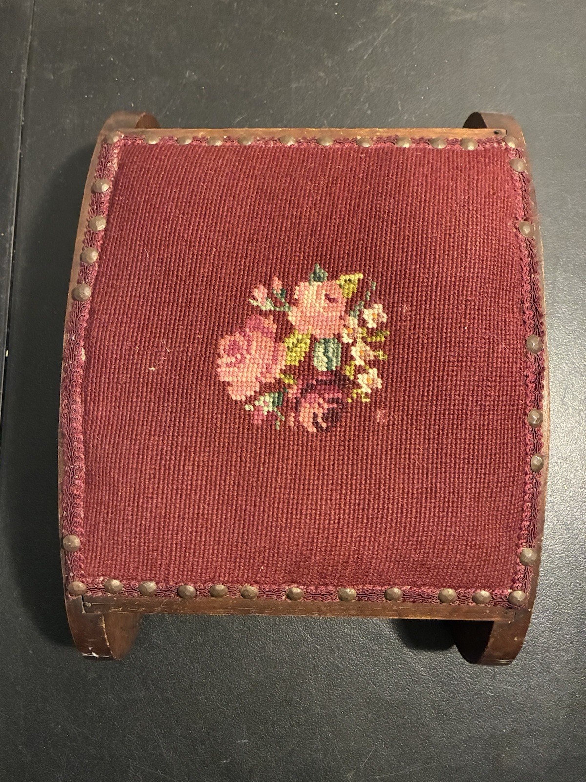 19th C. Antique Victorian Stud Accents Footstool Floral Needlepoint Carved Wood