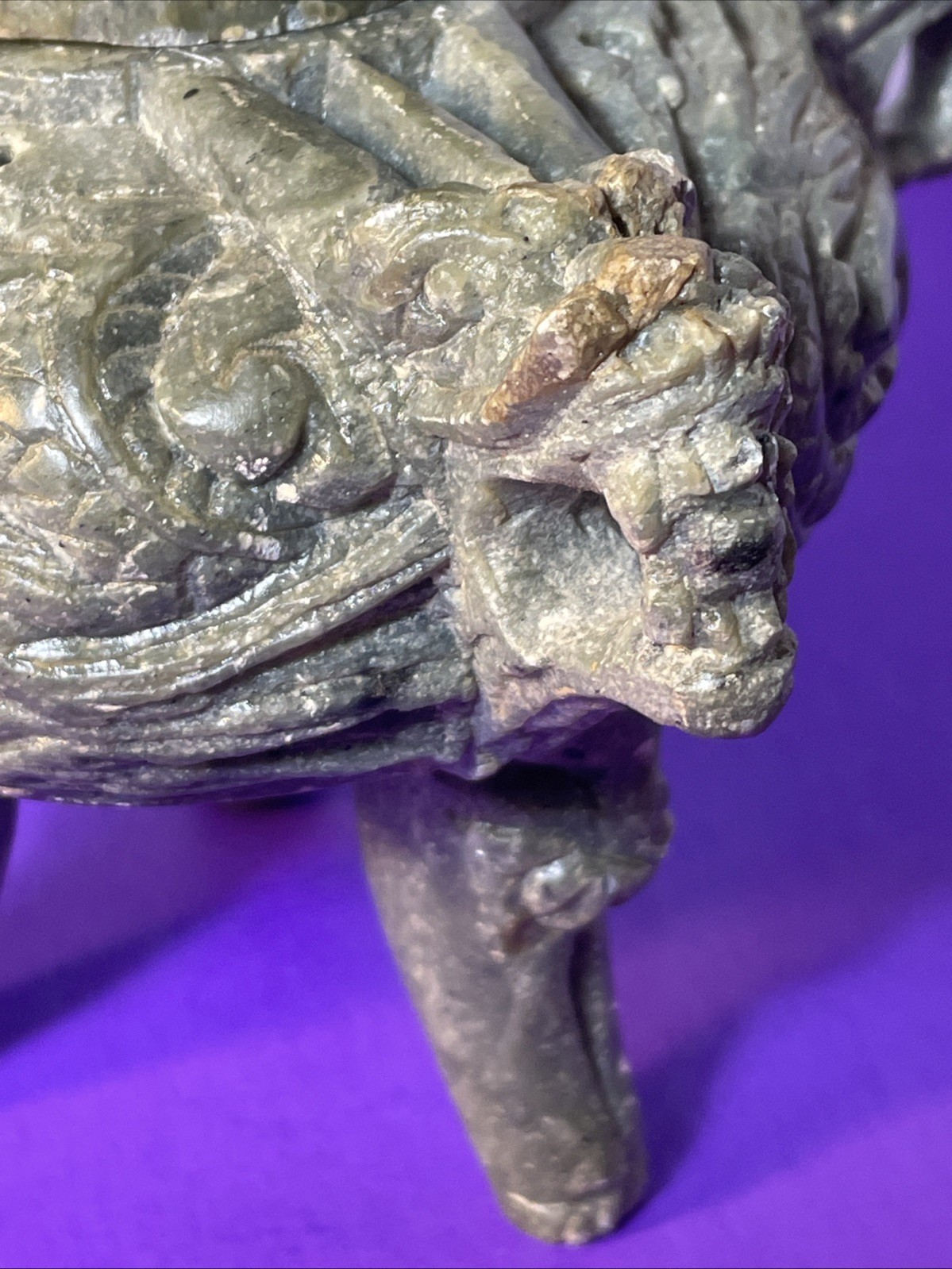 Chinese Stone TRIPOD Jar Lidded Dragon Lion Carved Two Piece Incense Burner