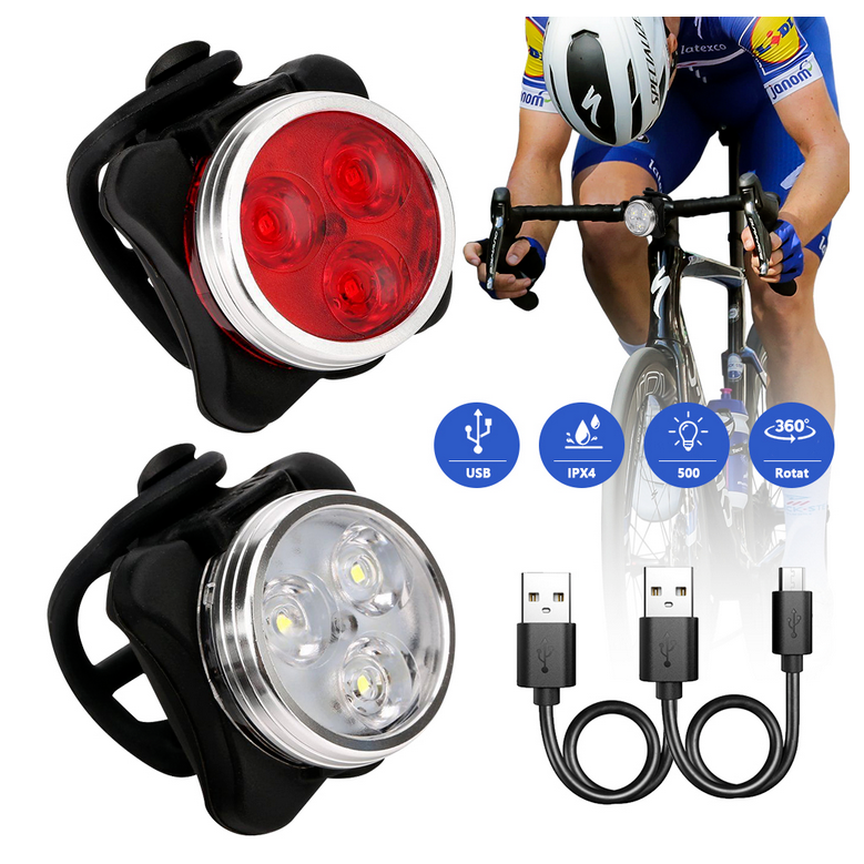 2 Set USB Rechargeable LED Bicycle Headlight Bike Front Rear Lamp Cycling Light