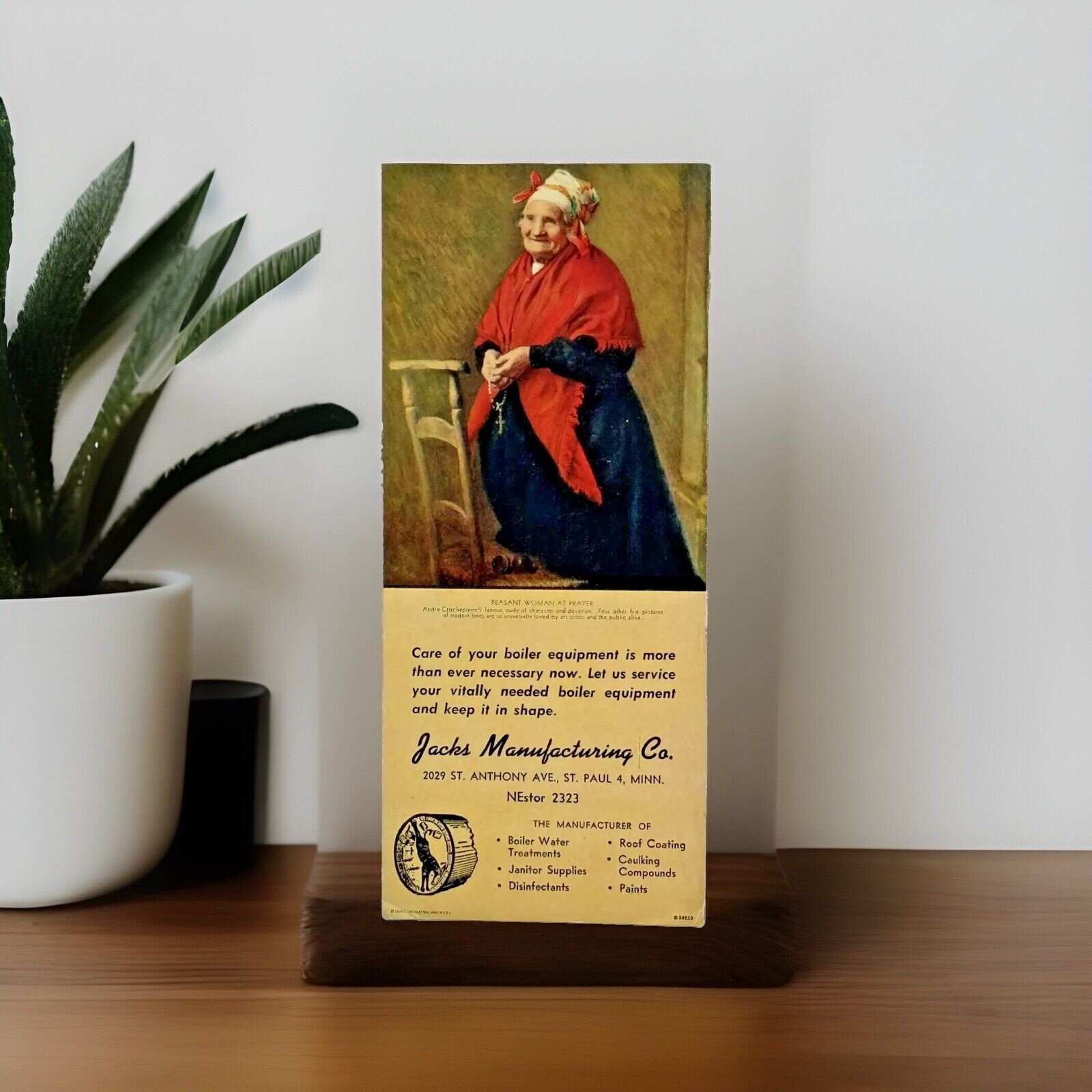 Jacks Manufacturing Co Ad Boiler Equipment Peasant Woman at Prayer B39223 USA