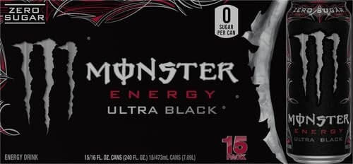 (15 Pack) Monster Ultra Black Energy Drink with Vitamins, Zero Sugar, 16 Fl Oz