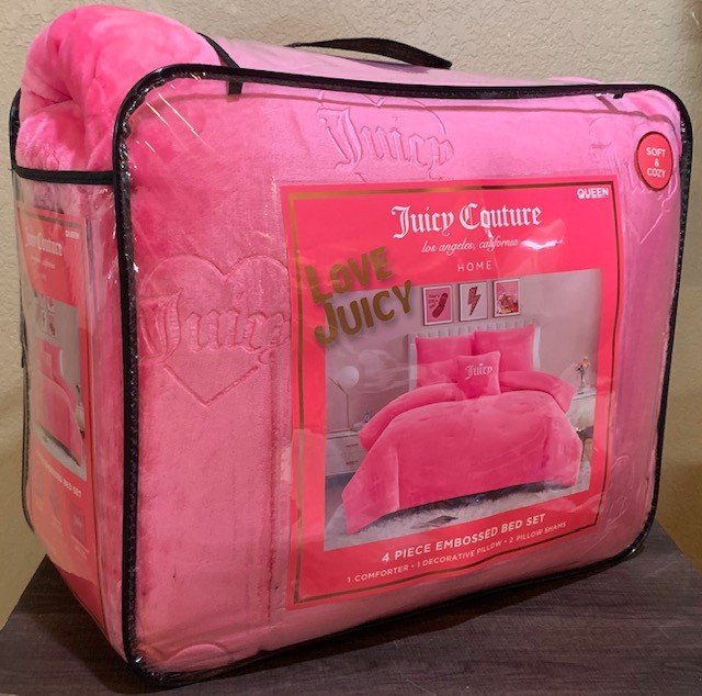 Juicy Couture Hot Pink Logos &Hearts Embossed Plush Soft 4pc QUEEN Comforter Set