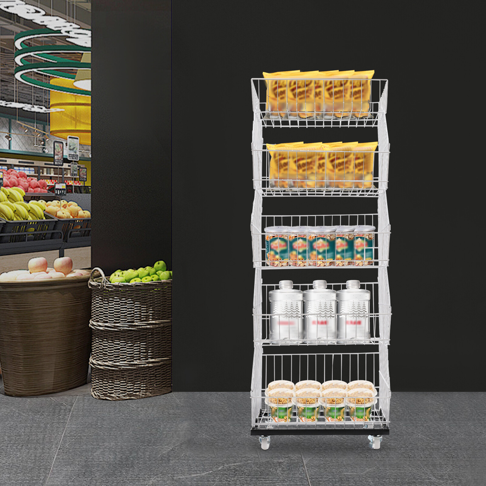 5-Tier Wire Grid Retail Display Rack with Wheels - Sturdy & Stylish Storage