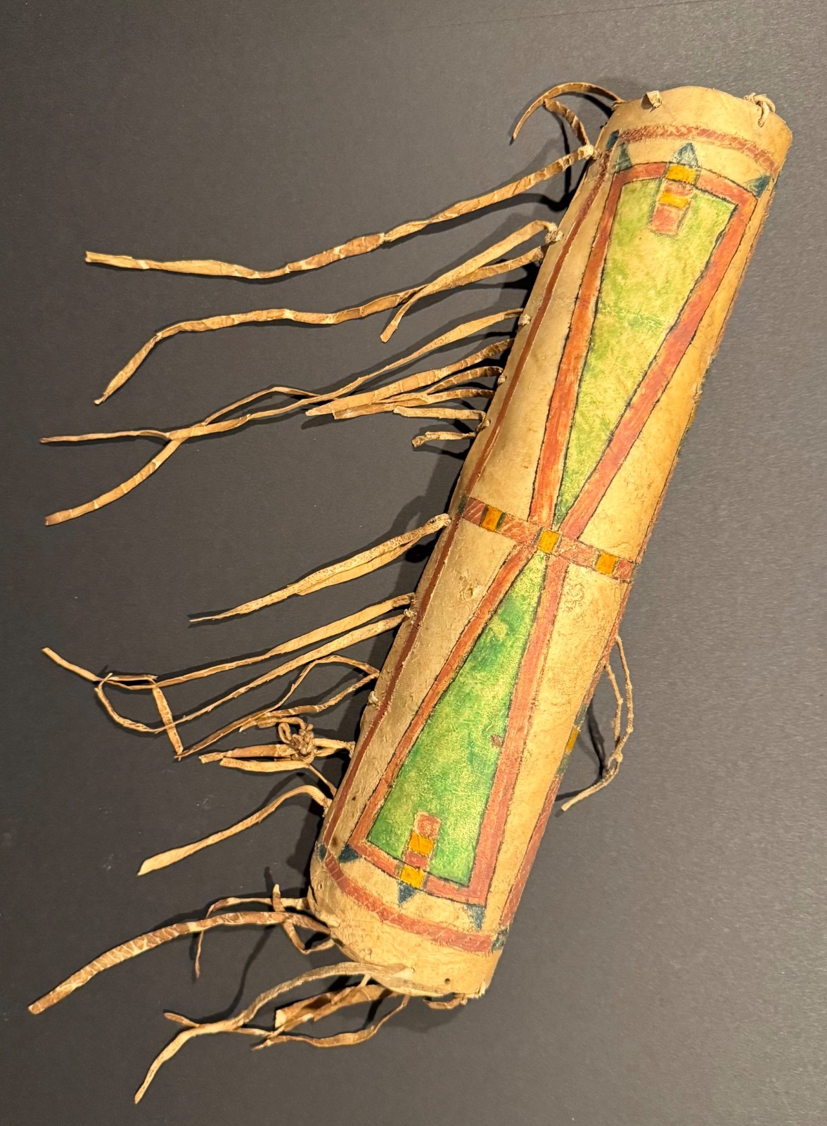 19TH C PLAINS PAINTED PARFLECHE CYLINDER CASE WITH FRINGE, EXCELLENT, NR!