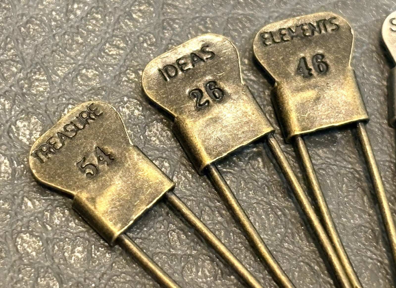 Vintage Small Safety Pins Blank Brass & Silver Tone With Words & Numbers Antique