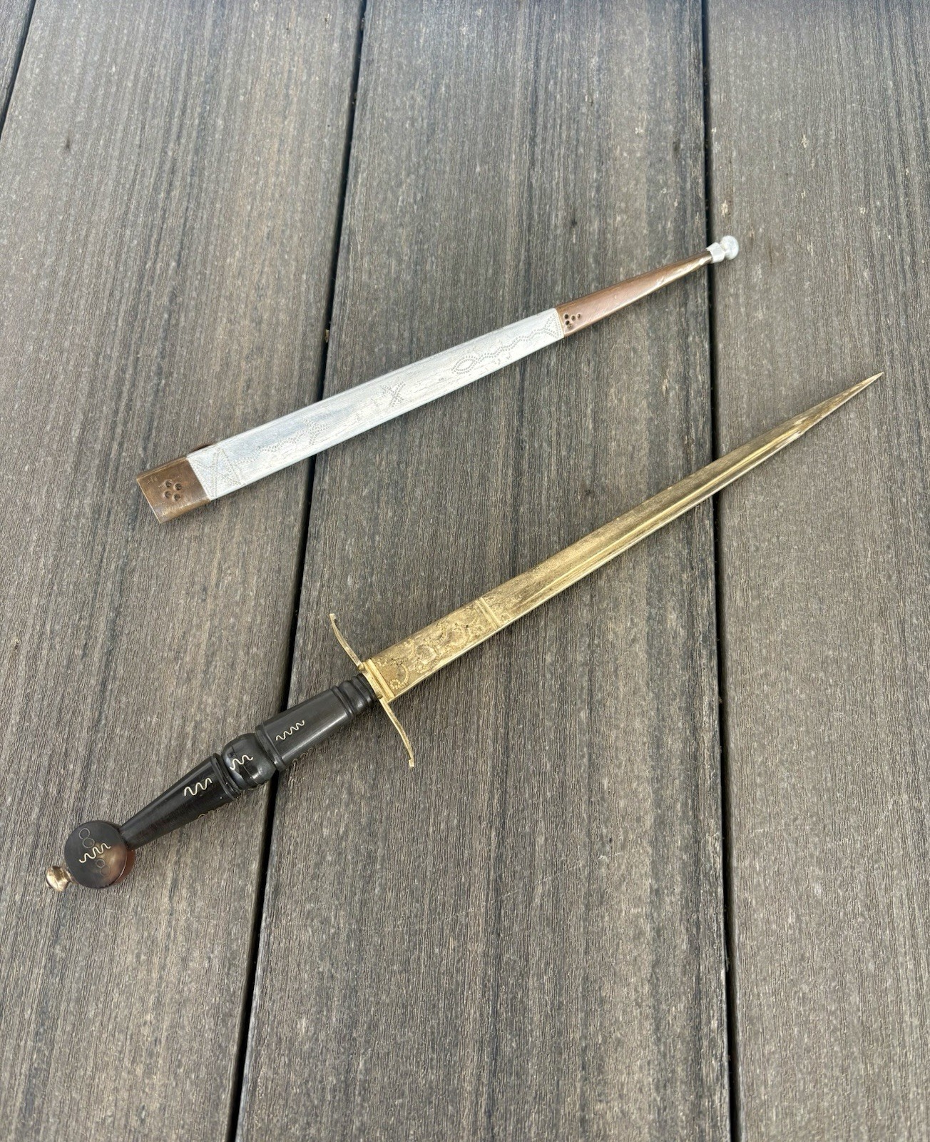 Vintage Luzon Philippine Dagger Engraved Brass Blade Scabbard Tourist Souvenir