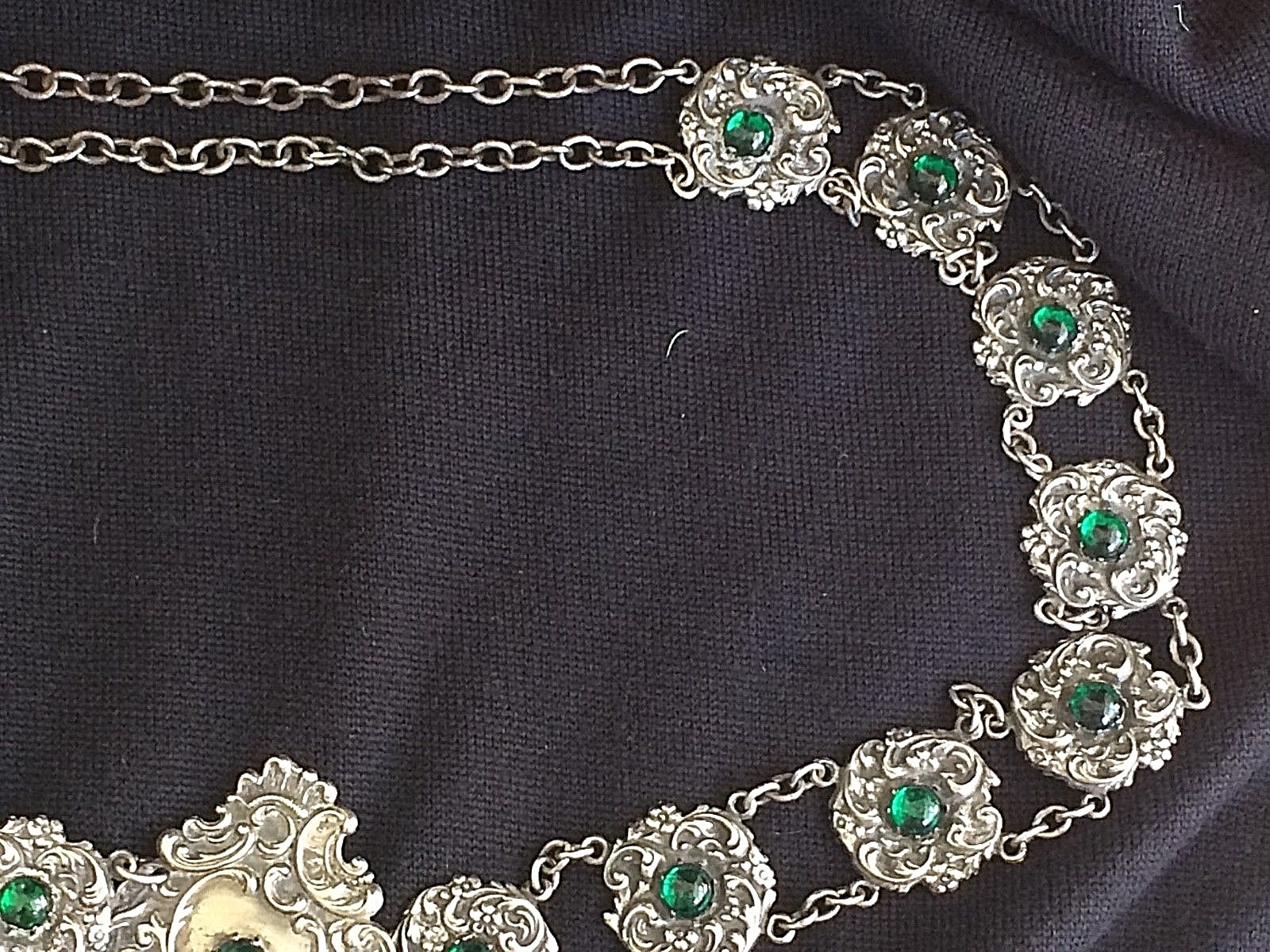 Antique Art Nouveau Victorian Belt SilverPlate Embossed Emerald Glass Stones 30"
