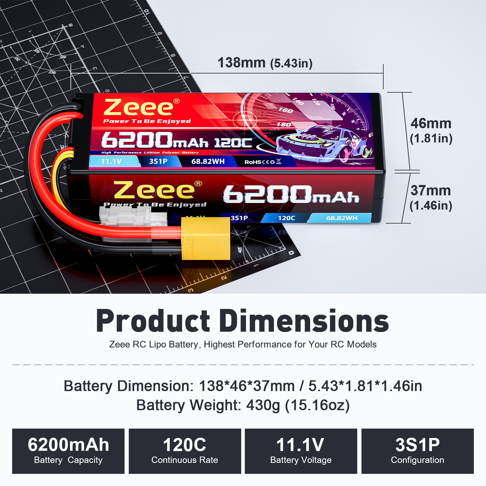 2x Zeee 3S Lipo Battery 6200mAh 11.1V 120C Hard Case XT90 for RC Car Tank Trucks