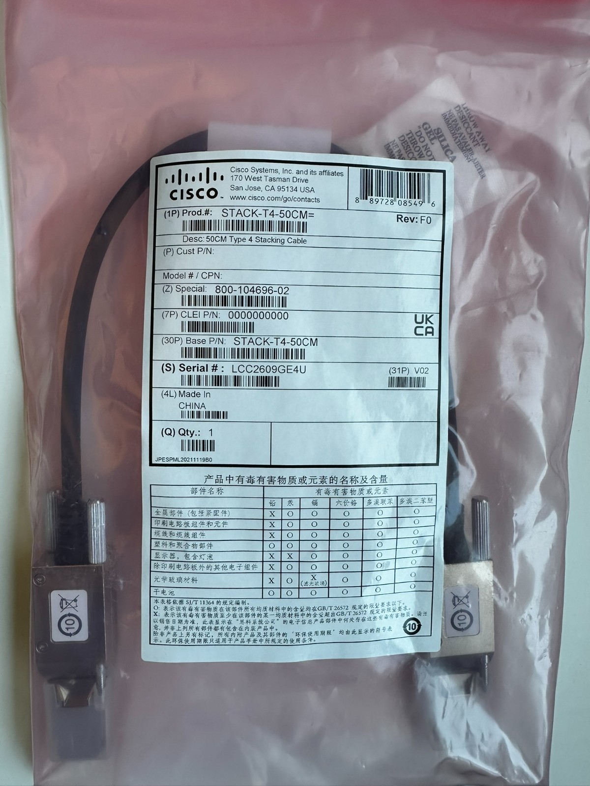 Cisco STACK-T4-50CM V02 Stacking Cable Brand New