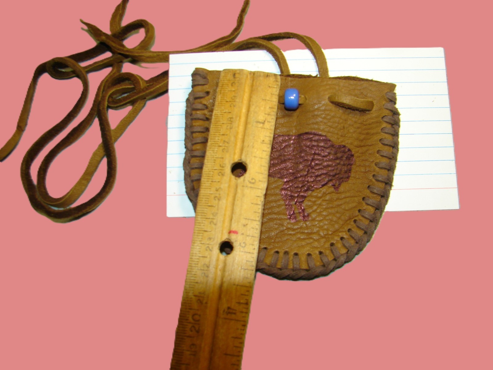 Native American Deerskin Leather Medicine Bag, Buffalo Graphic Tribal Pouch, 3"