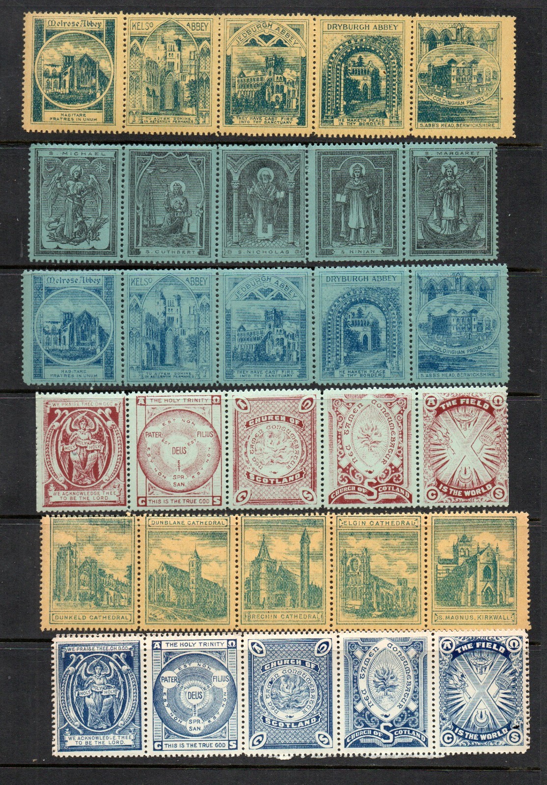 1890s/1900s Church Of Scotland Attendance/Reward Labels x 6 Strips Of 5 UM/MNH