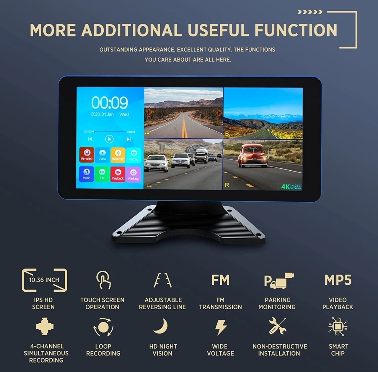 4CH 4K Backup Camera System 10.36" Monitor for RV Truck Trailer Van Rear Side