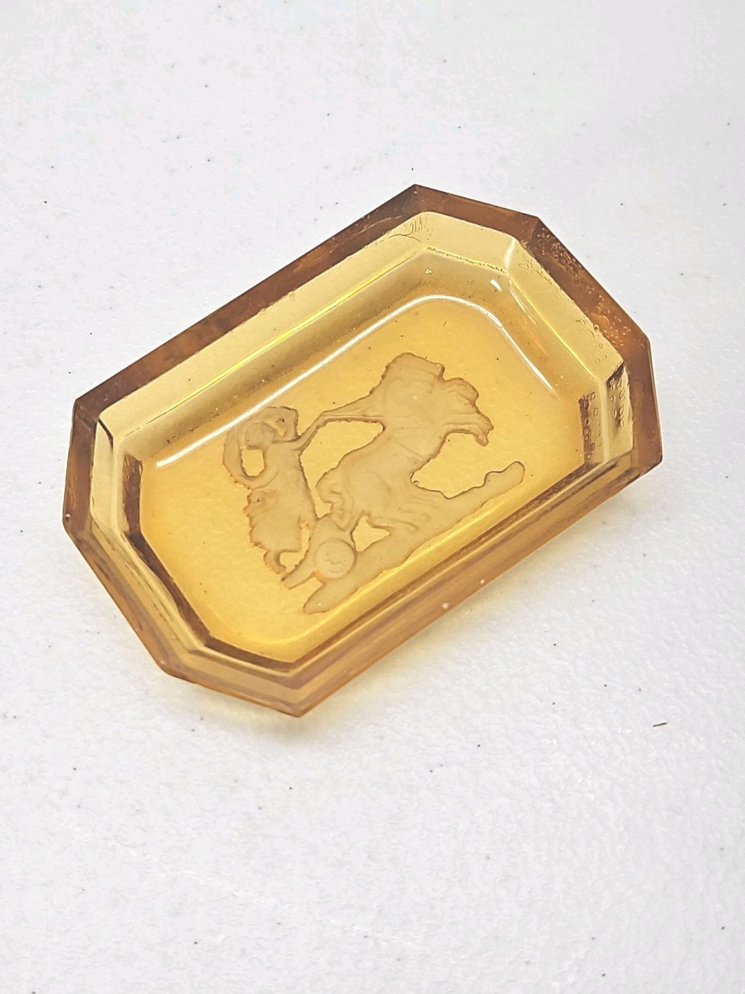 Antique Czech Amber Glass Salt Cellar Intaglio Design Ornate Brass Holder RARE