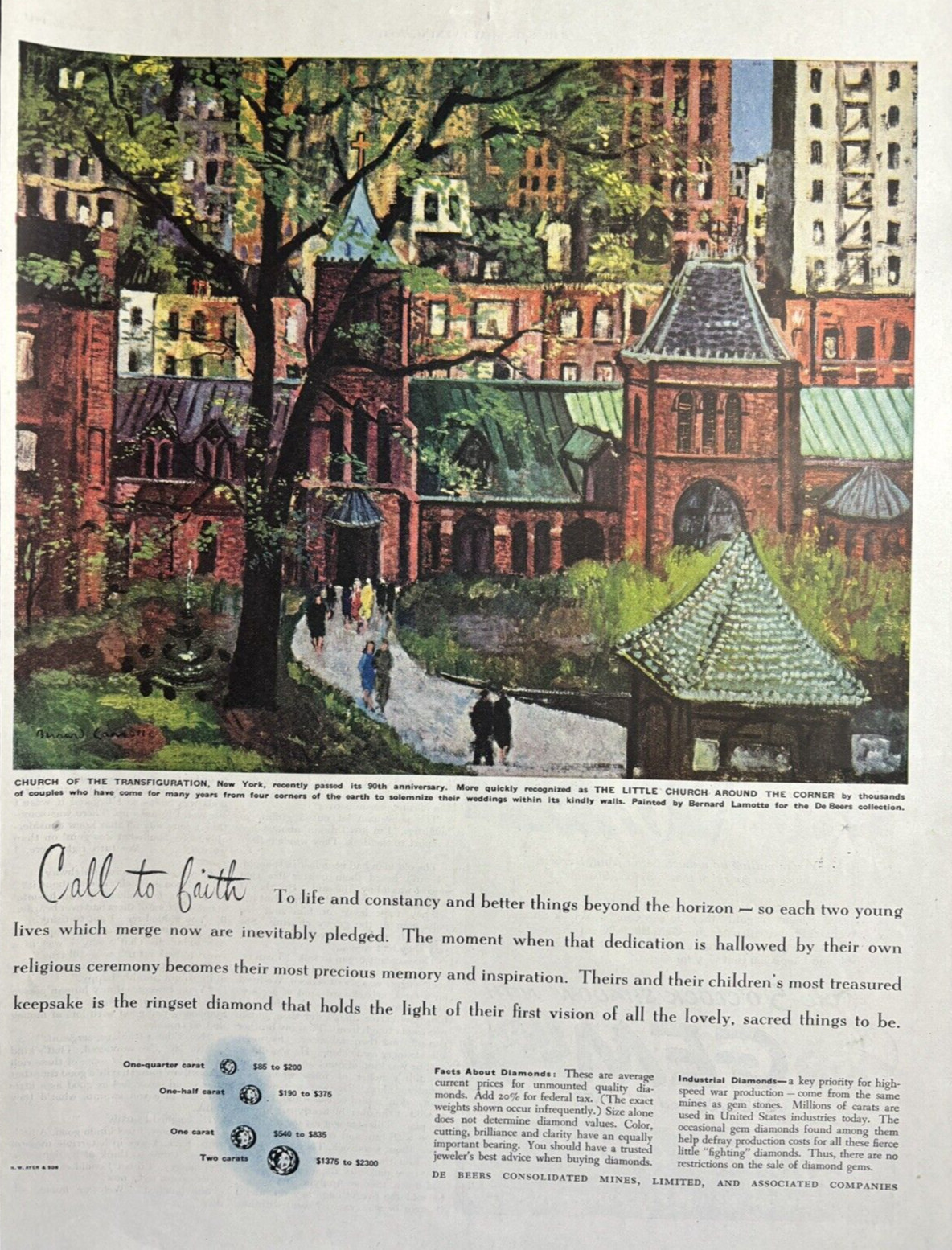 1944 De Beers consolidated Mines Ltd Diamonds Church Transfiguration VTG Print