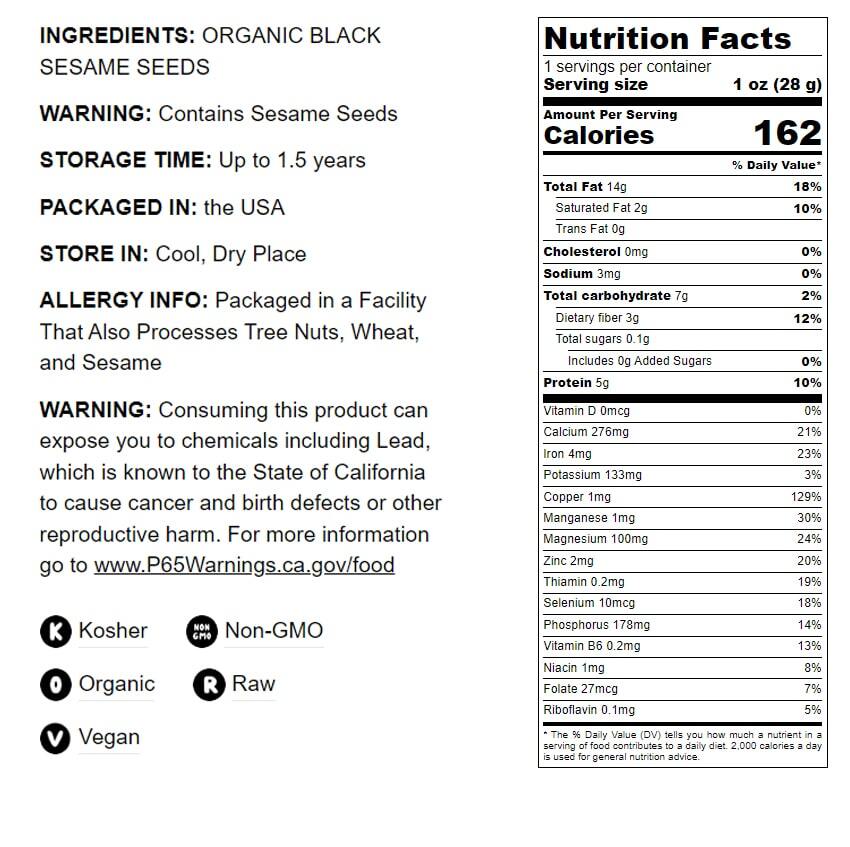 Organic Black Sesame Seeds — Raw, Unhulled, Non-GMO, Kosher — by Food to Live