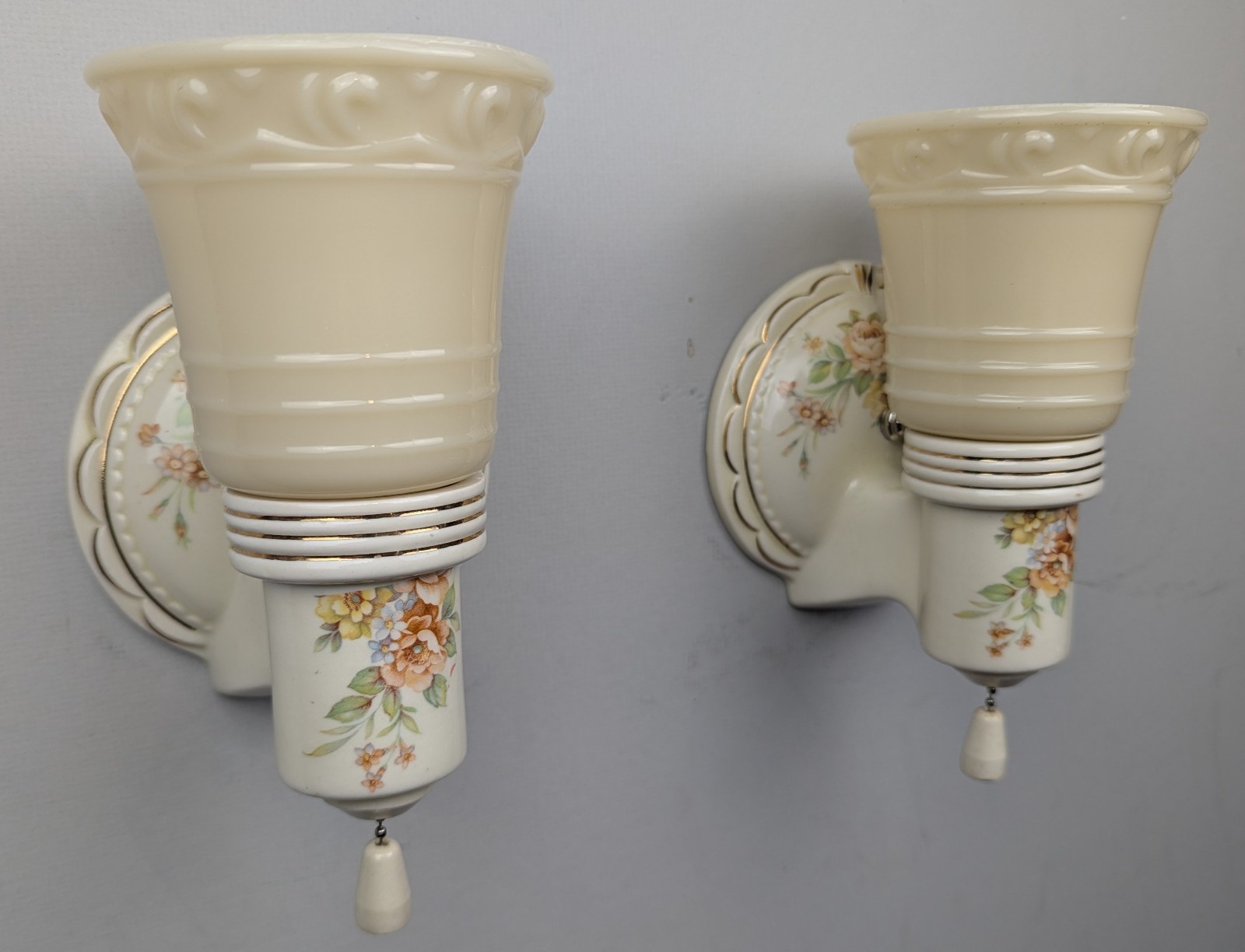Restored Pair Porcelier Art Deco-MCM Porcelain Sconces, Glass Shades, Excellent!