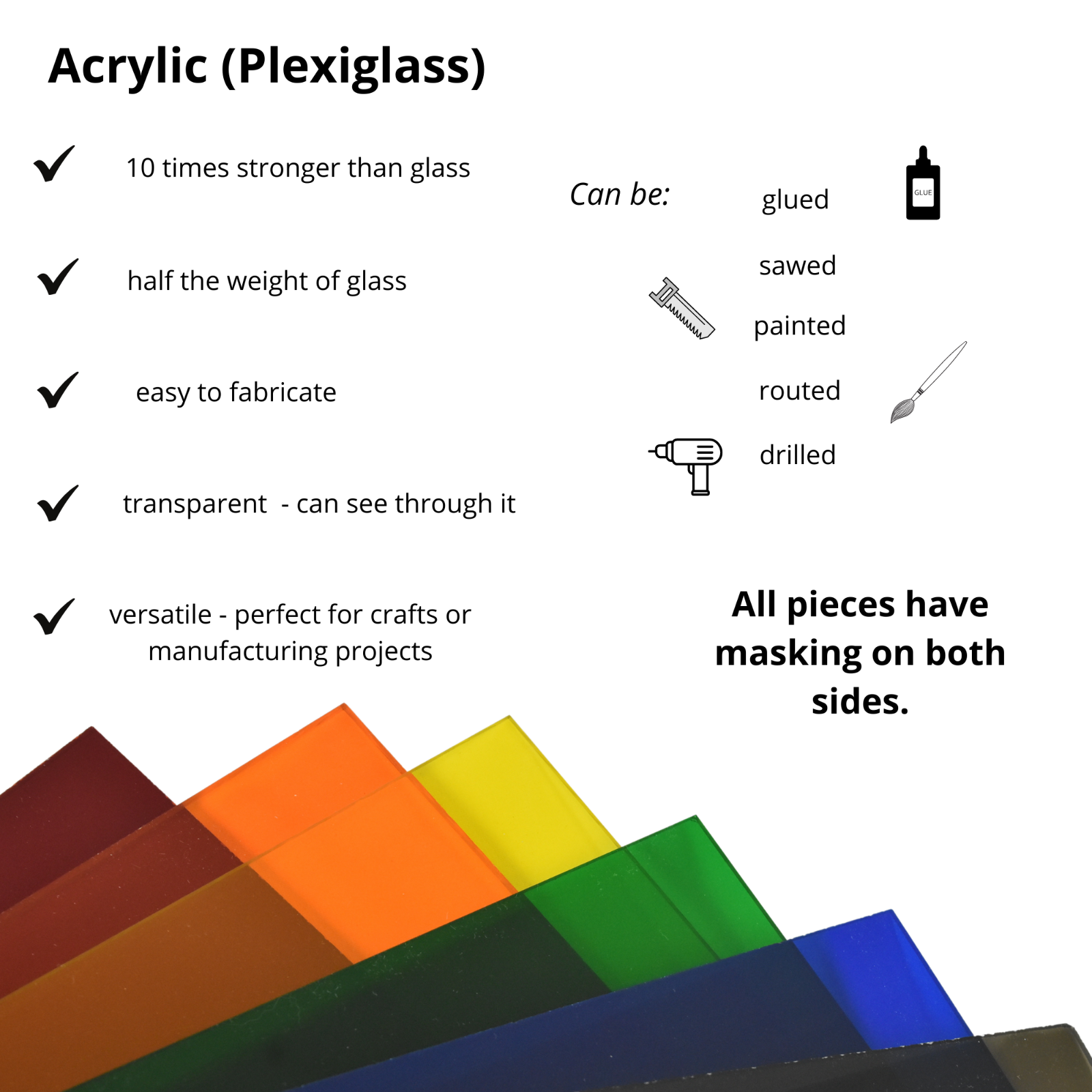Transparent Colored Acrylic Plexiglass Sheet, Choose Size, Thickness, and Color