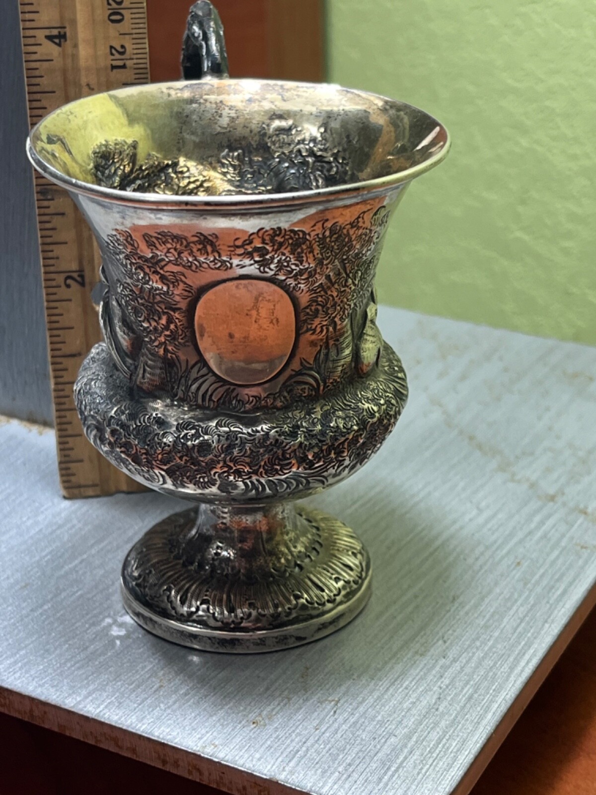 1837 English Sterling Silver Christening cup mug hunting pheasants bird repousse