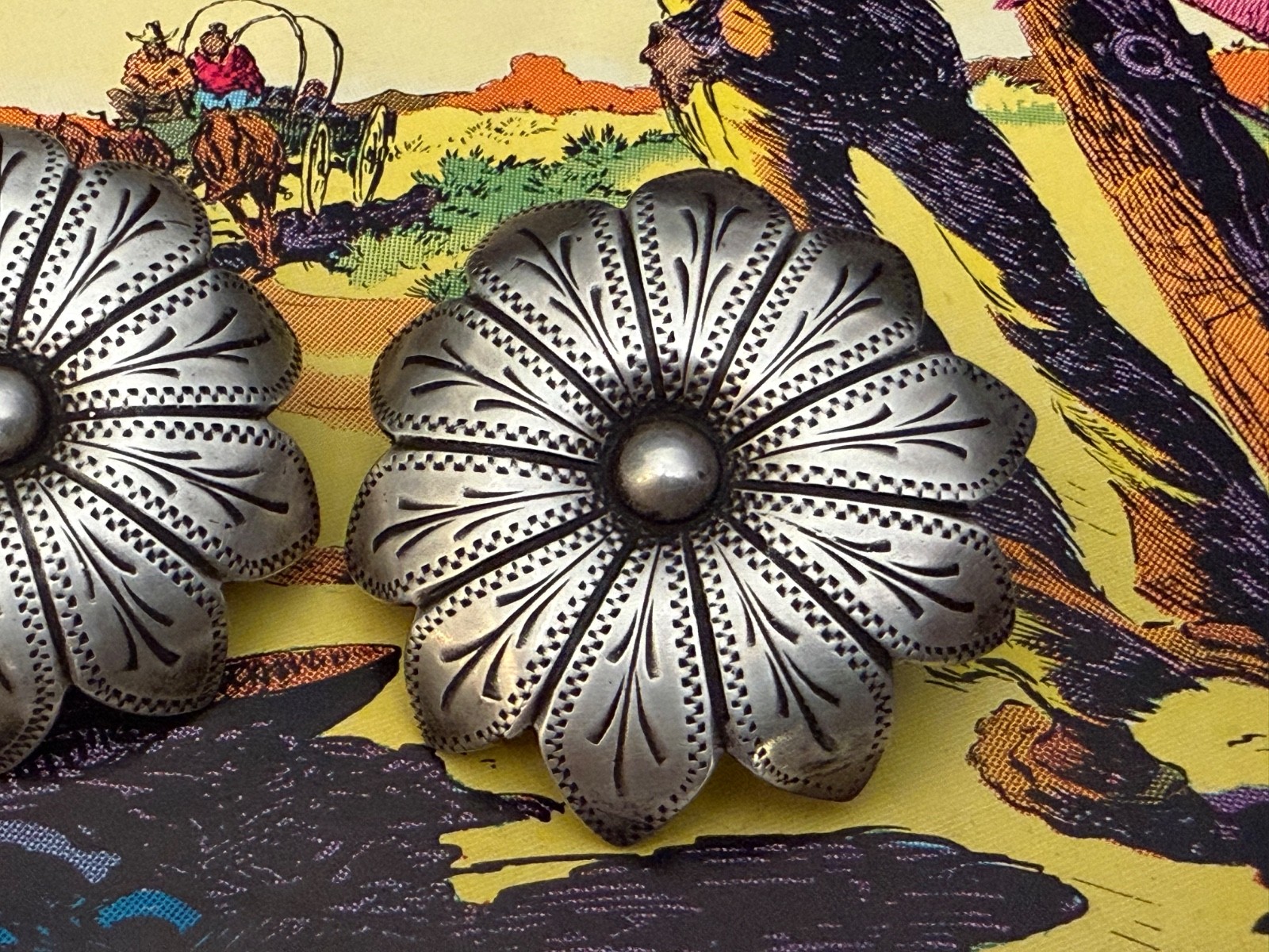 STUNNING Pair of Silver Engraved “Flower” Conchos - Spur Straps / Headstall