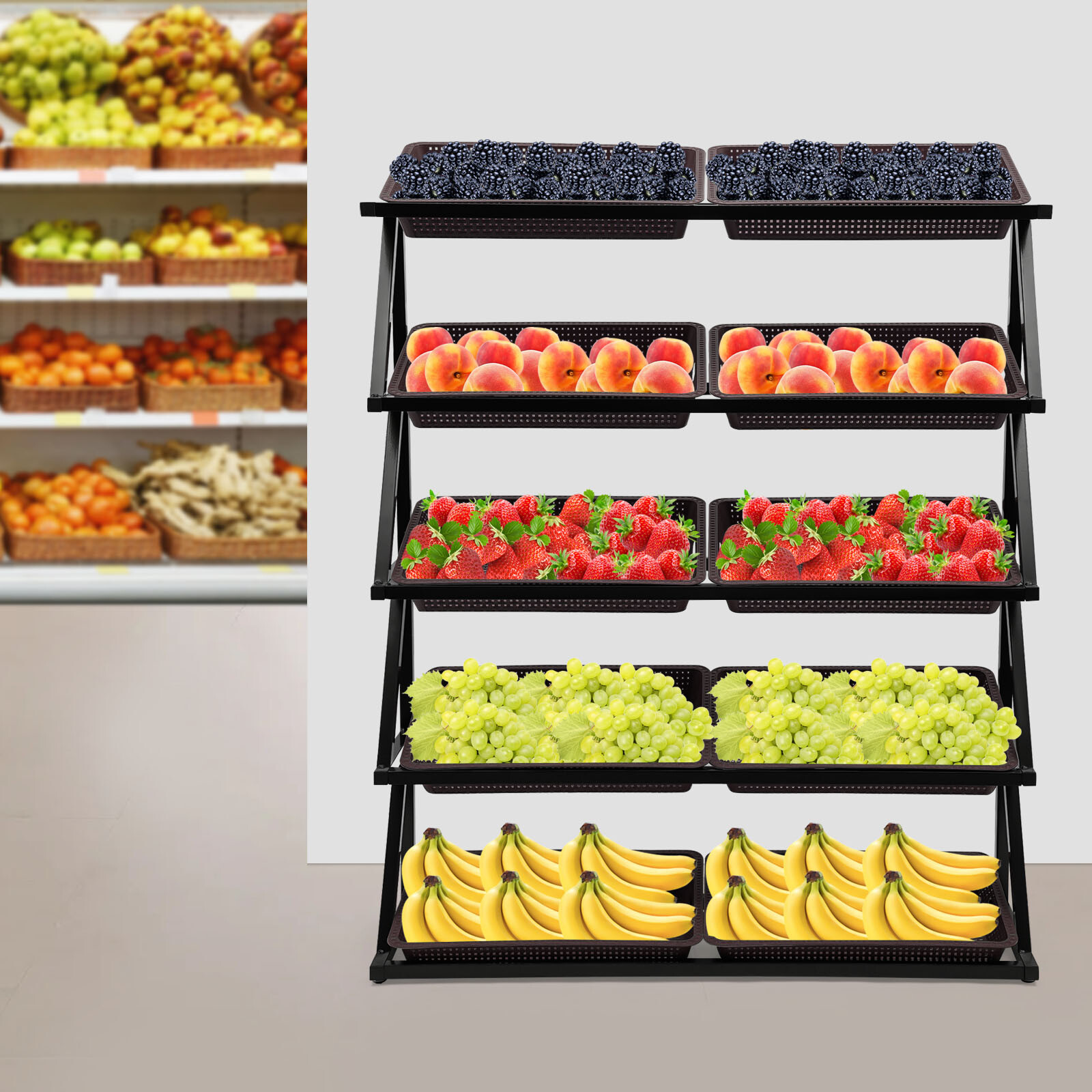 Market Retail Display Rack Shelf + 10x Merchandiser Fruit Vegetable Snack Basket
