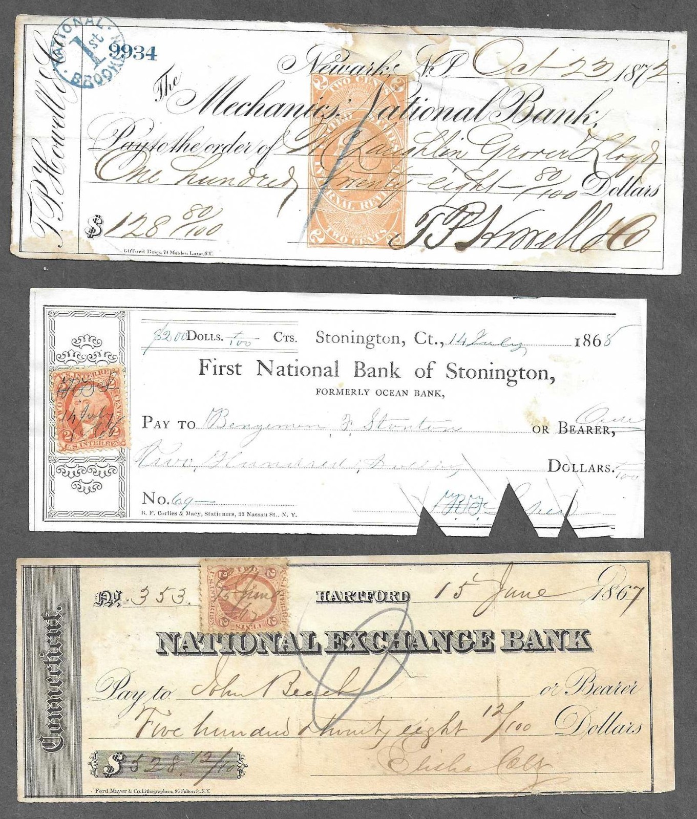 3 Bank Checks 1867-1872
