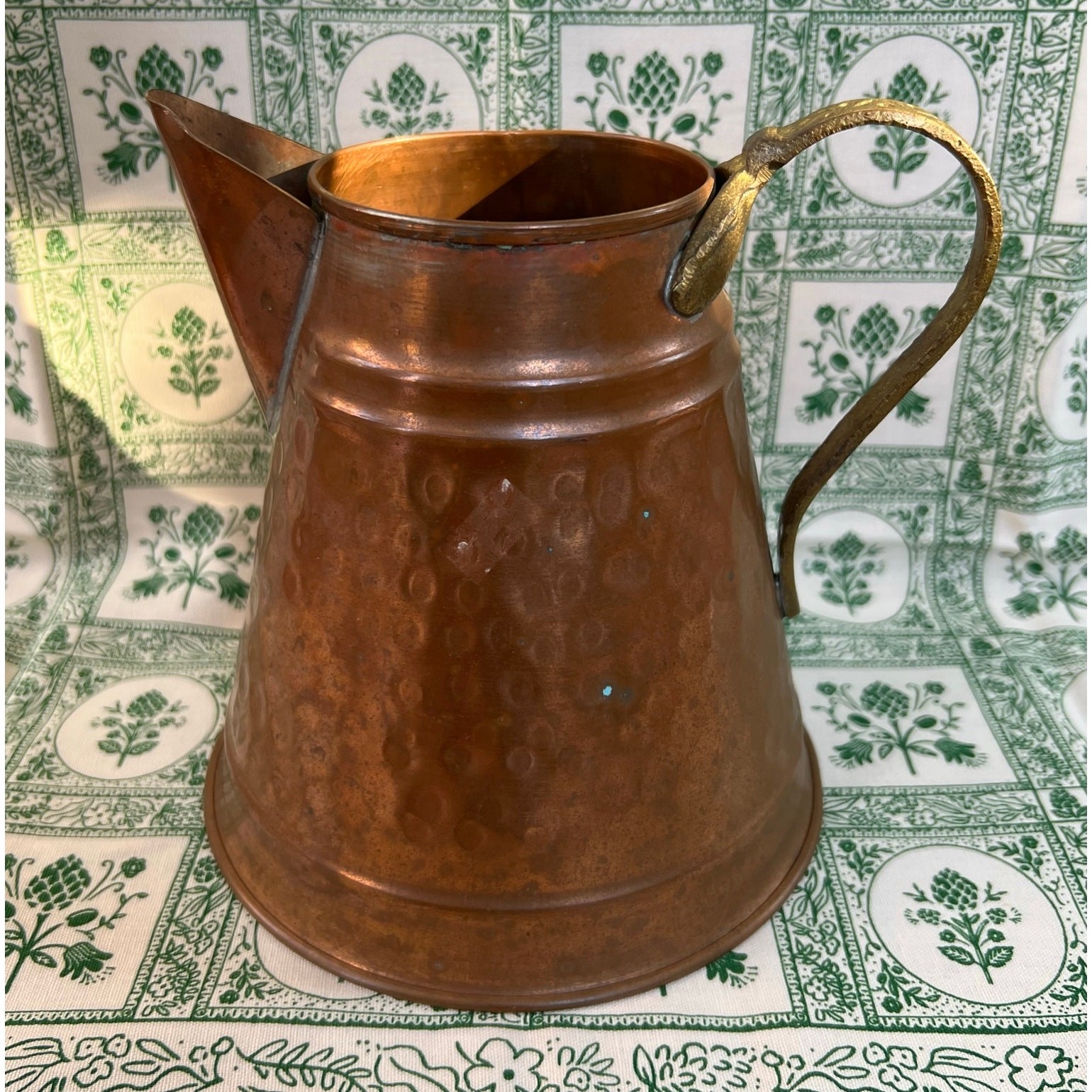 Vintage 1950s Hammered Copper Pitcher Jug Brass Handle Rustic Kitchen Decor