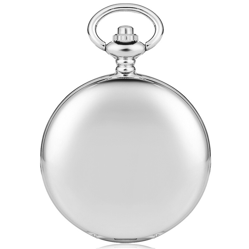 Silver Smooth Quartz Pocket Watch Roman Numerals Dial Fob Chain for Men Women