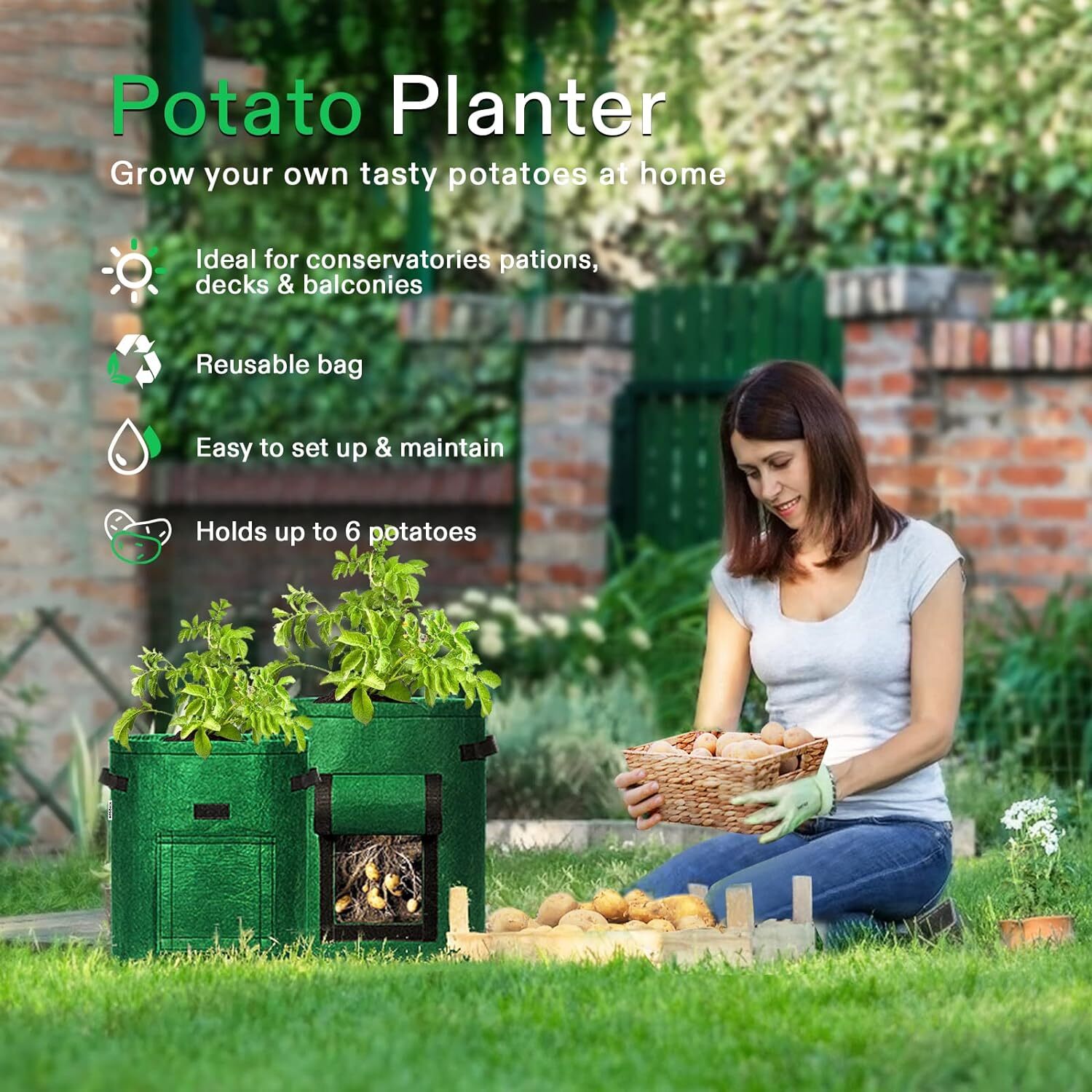 VIVOSUN 5-Pack 7Gallon Potato Grow Bags Fabric Pots w/ Handle and Roll-up Window