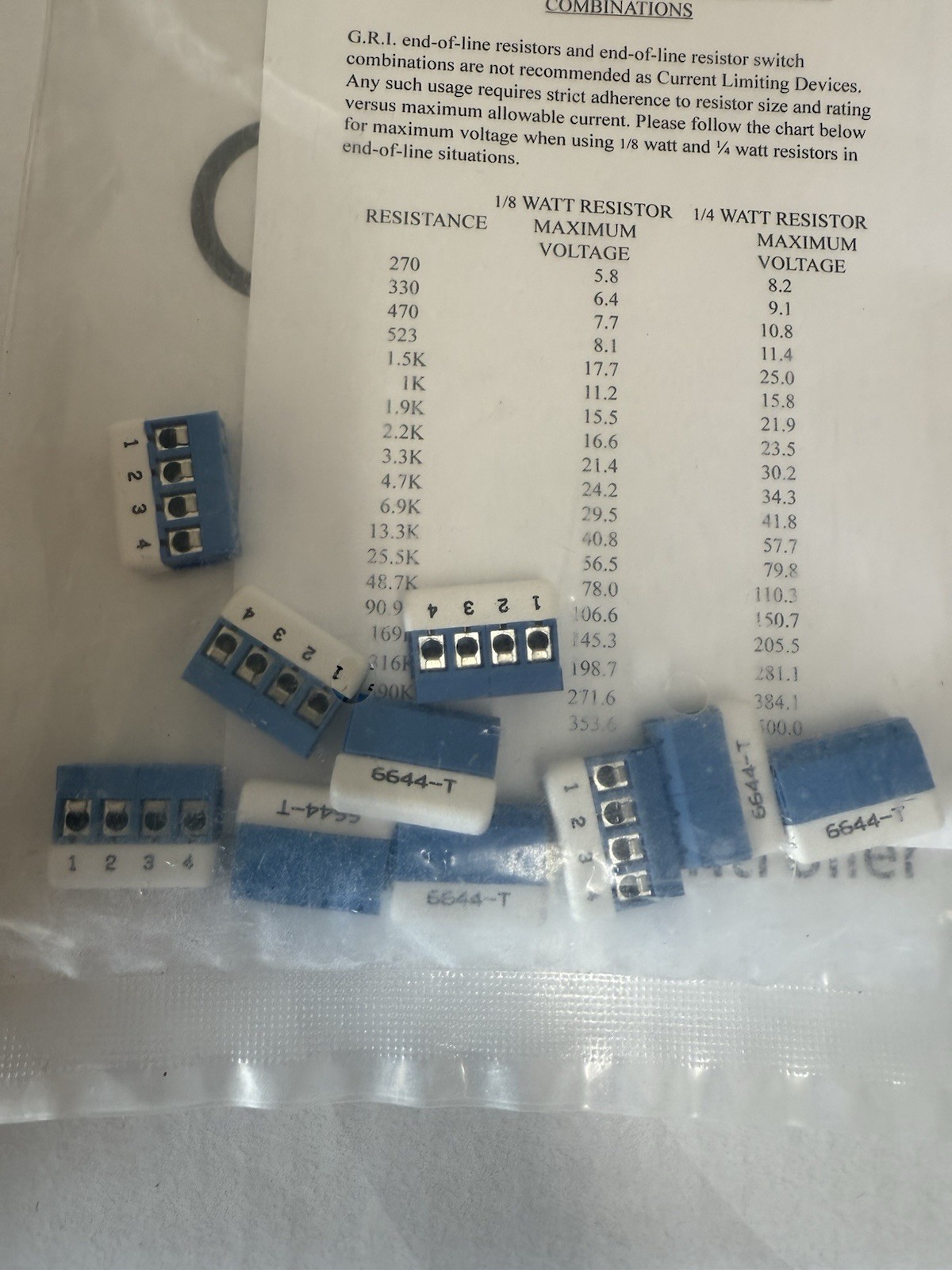 GRI 6644-T Magnetic Contact Resistor Pack, 2-1K, 1/8W with 4-Pin Terminal