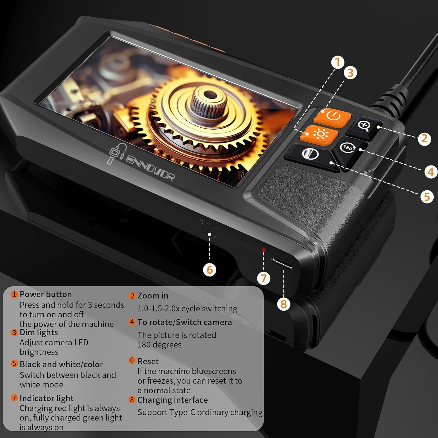 Industrial Borescope Camera - 8 Adjustable LEDs, Semi-Rigid Cable for Mechanics