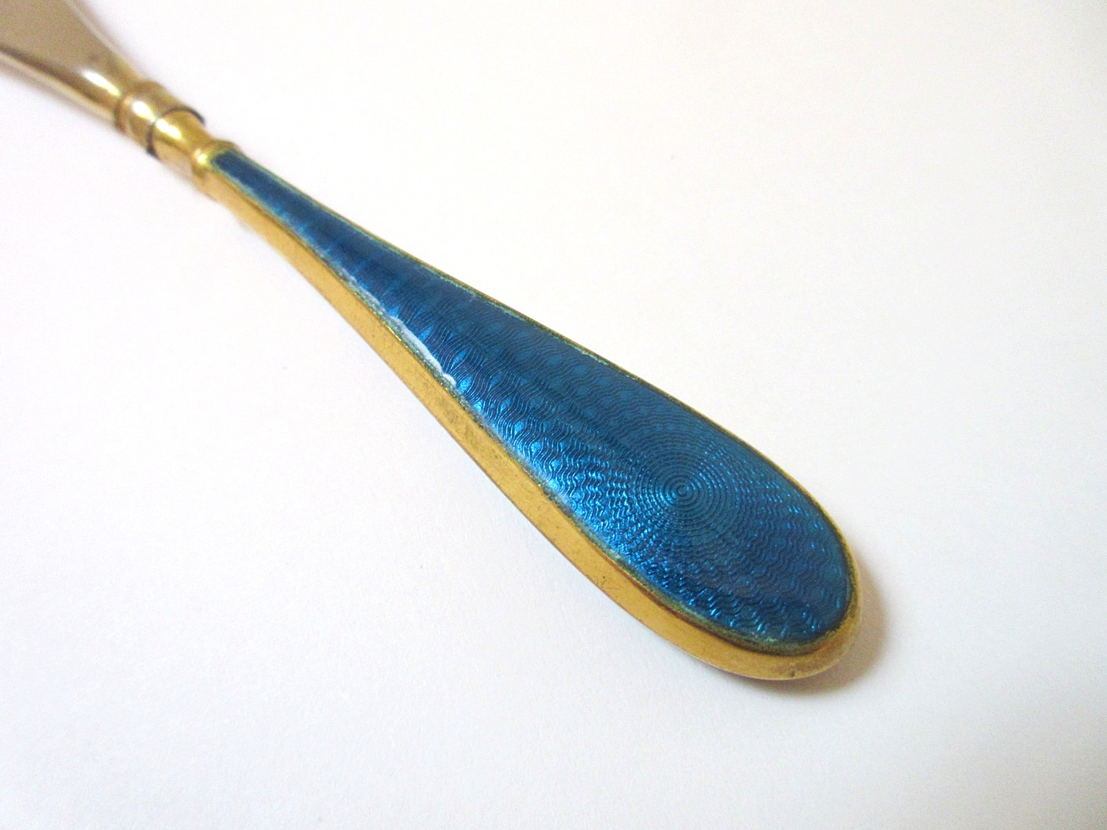 Antique Shoe Horn Peacock Blue Guilloche Enamel