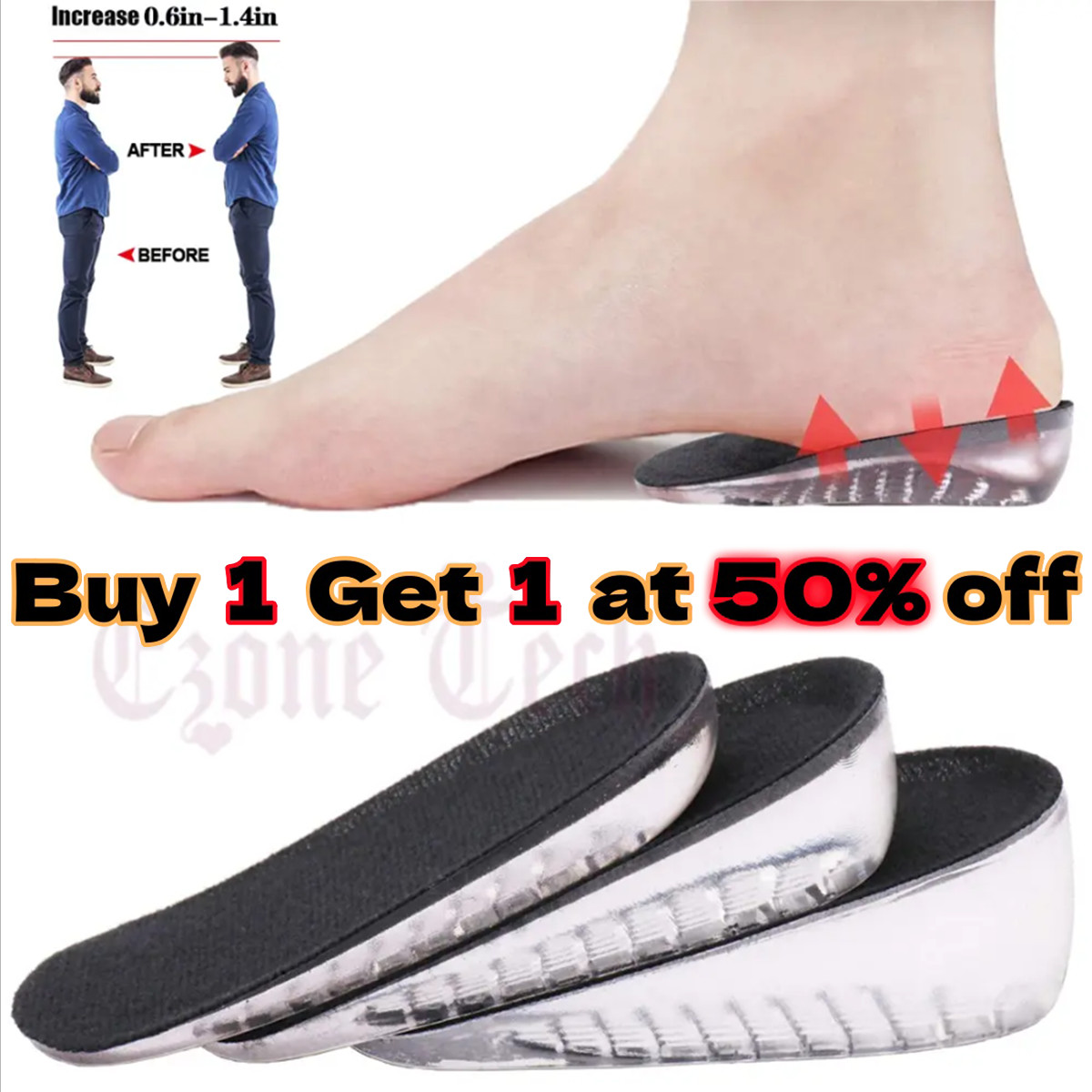 Gel Height Increase Insoles Invisible Silicone Shoe Lifts Inserts Fr Men & Women