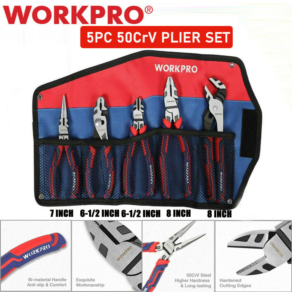WORKPRO 5Pcs Plier Set Diagonal Groove Joint Linesman Long Nose Slip Joint Plier
