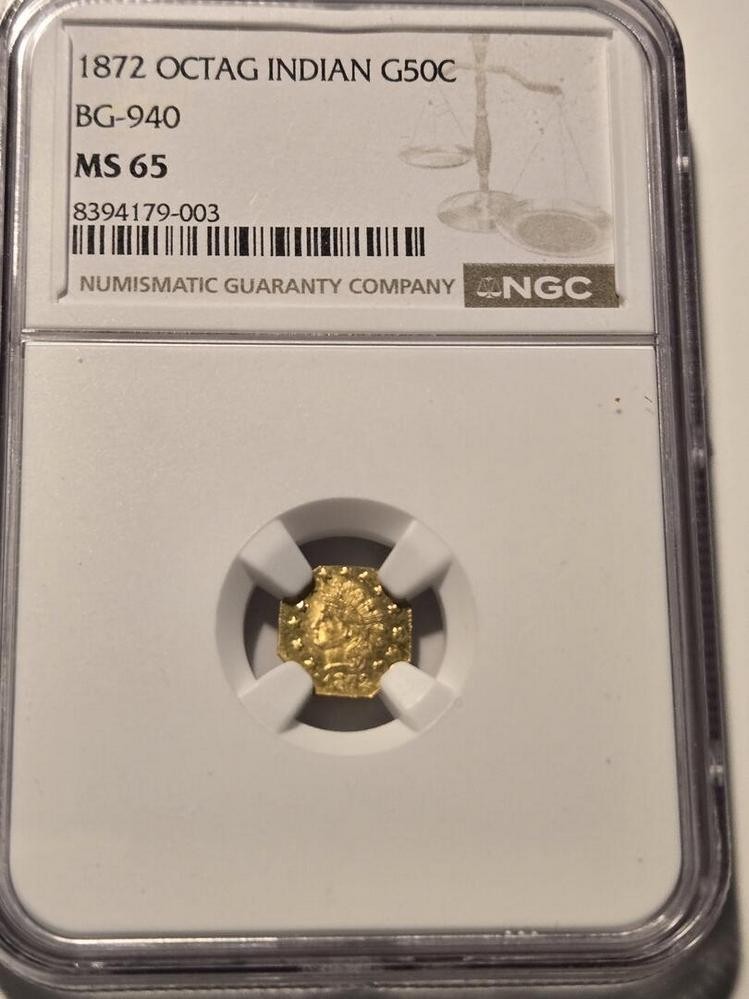 1872 California Gold Indian 1/2 Dollar Octagonal coin BG-940 NGC Certified MS-65