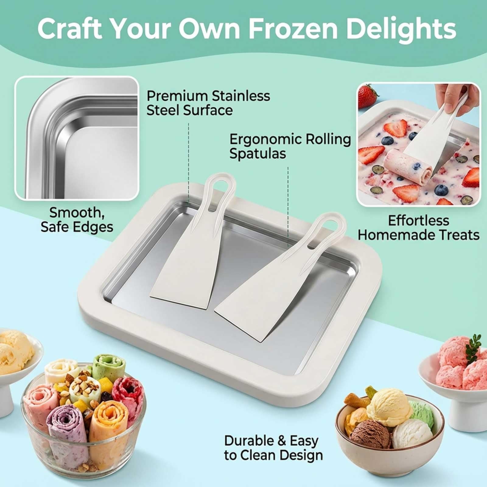 Rolled Ice Cream Maker Kit, DIY Roll Tray with 2 normal, White
